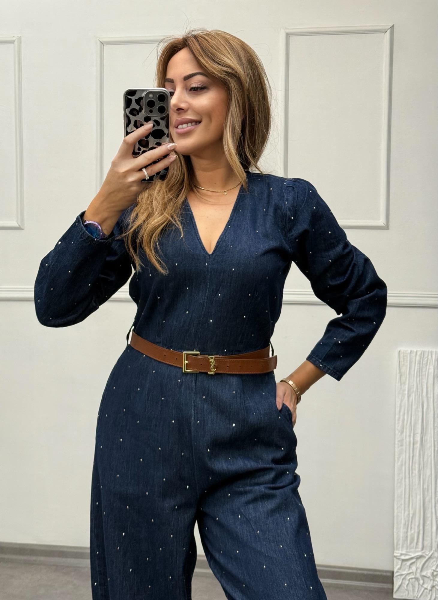 MODAYBUTİKStarline Denim Koyu İndigo Taşlı Tulum 