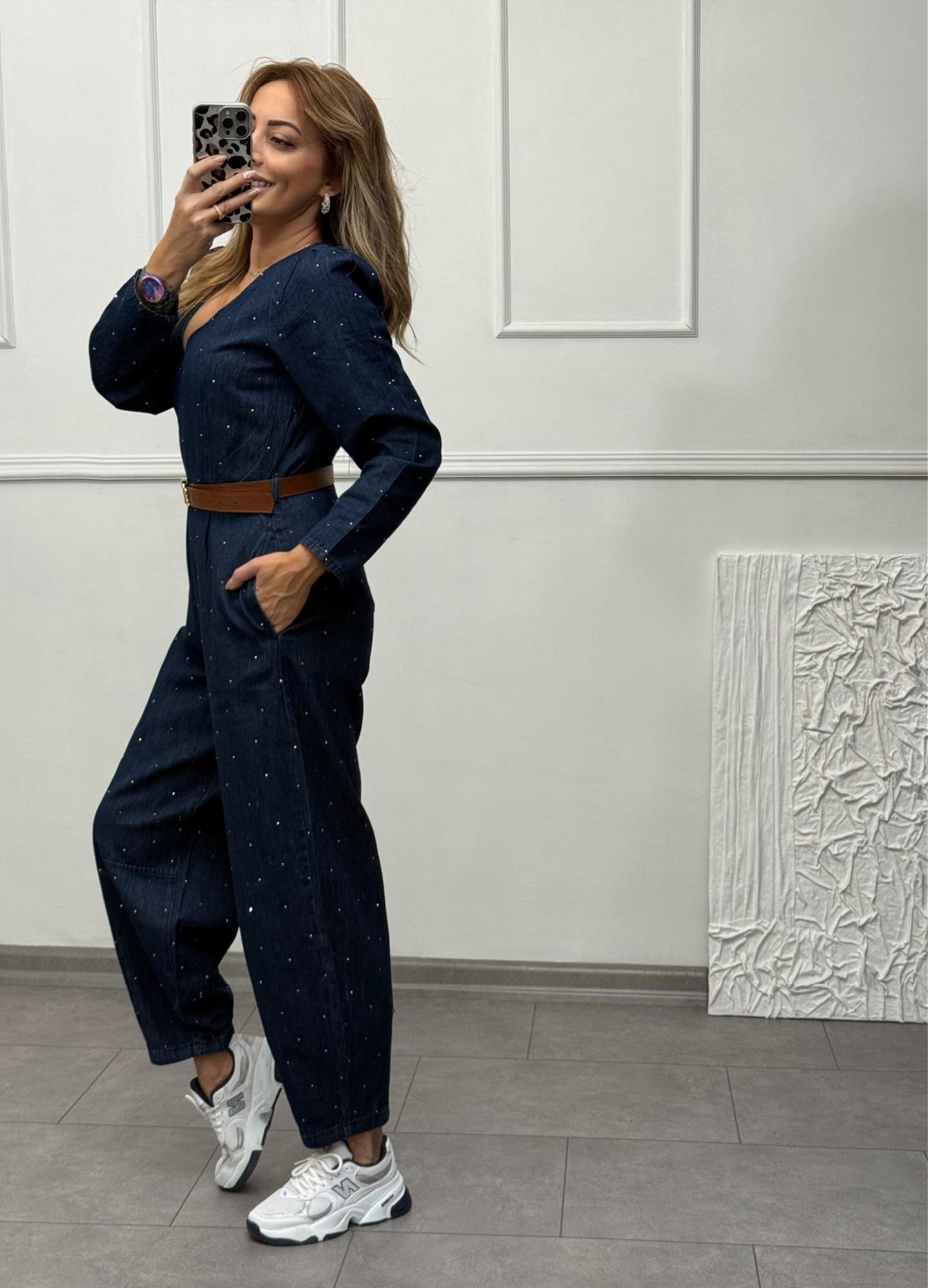 MODAYBUTİKStarline Denim Koyu İndigo Taşlı Tulum 