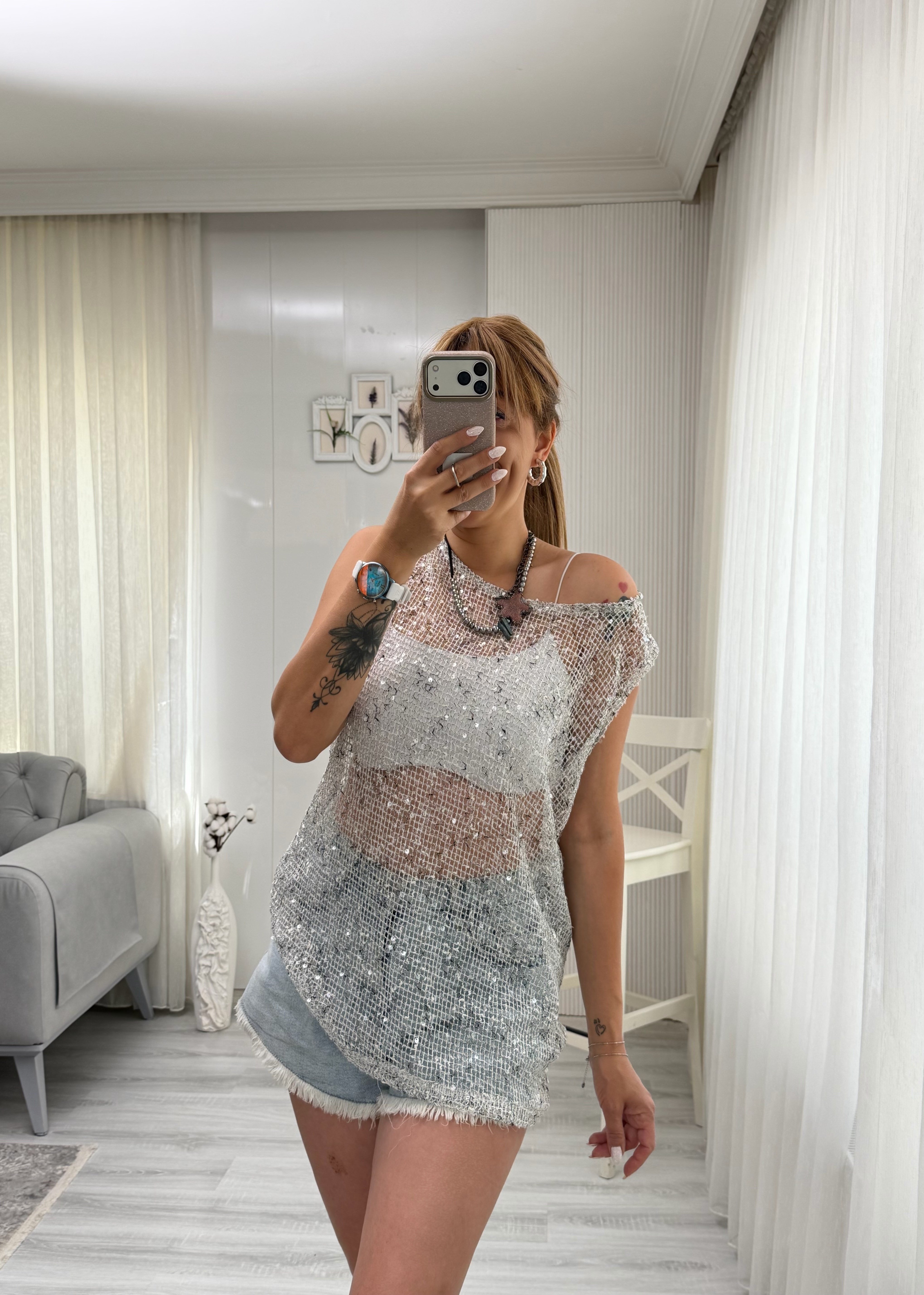 MODAYBUTİKTaş Payetli File Örgü Bluz