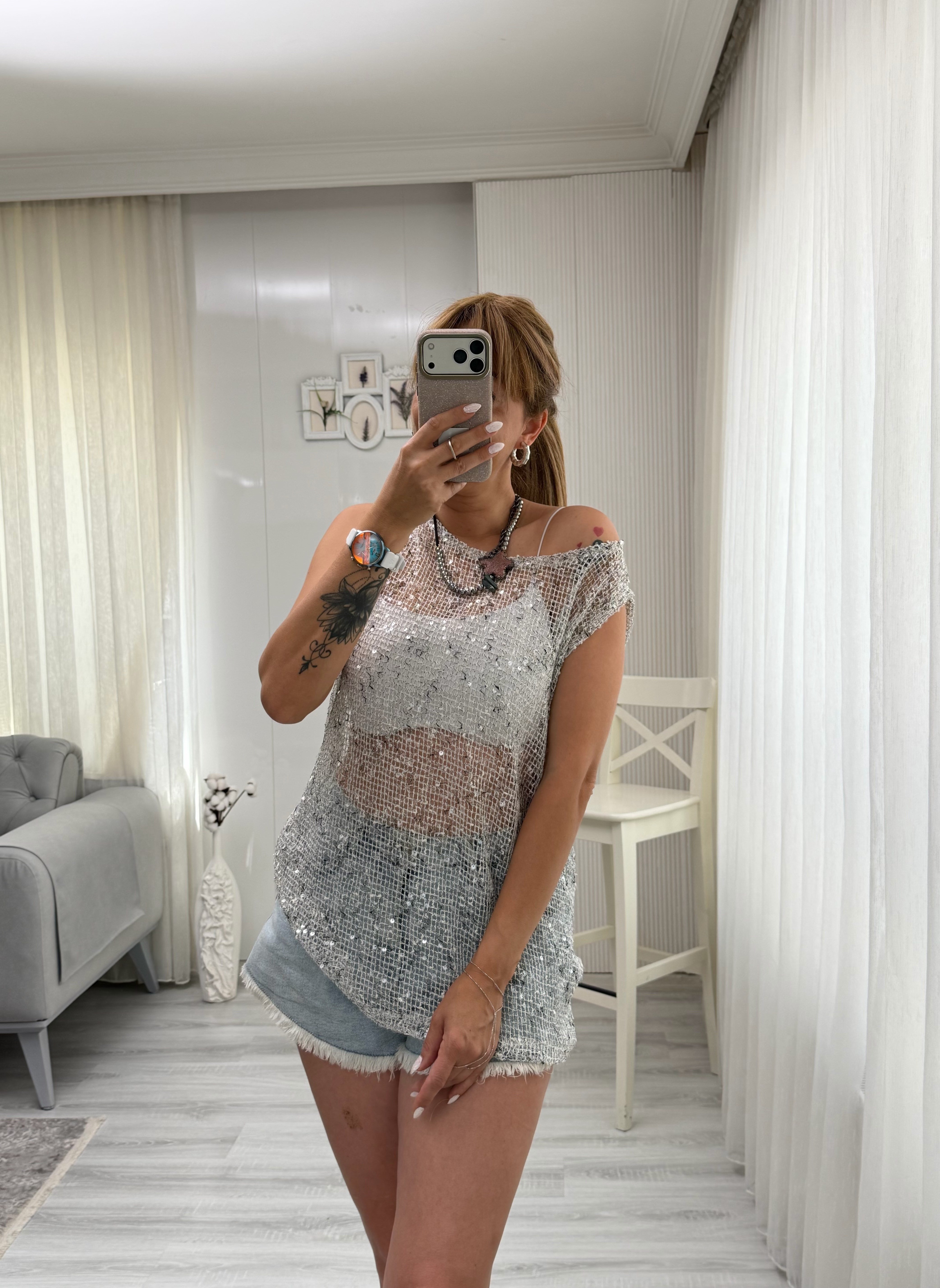 MODAYBUTİKTaş Payetli File Örgü Bluz