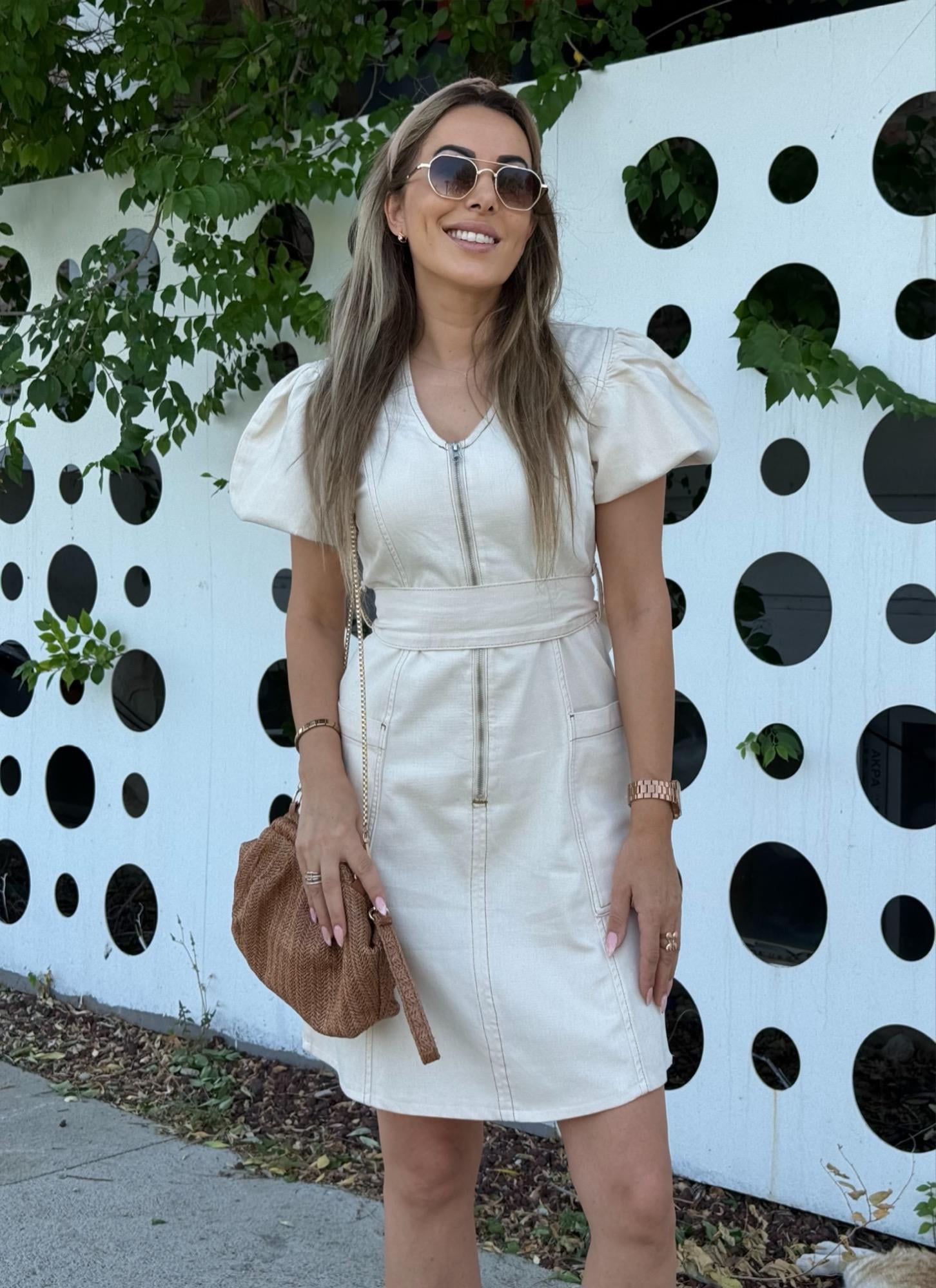 MODAYBUTİKTasarım Balon Kol Ekru Denim Elbise 