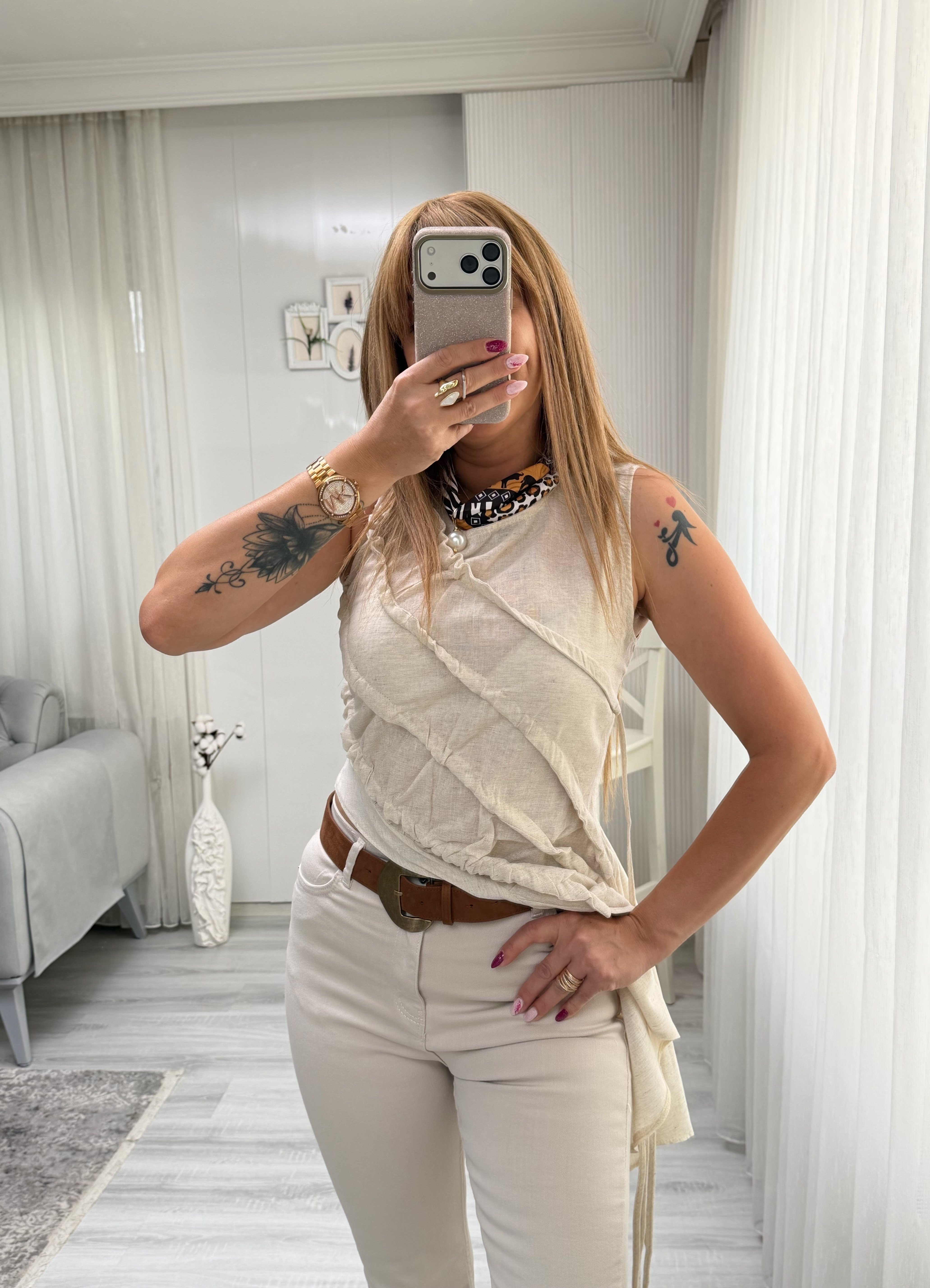 MODAYBUTİKTasarım Bej Keten Büzgülü Asimetrik Bluz 