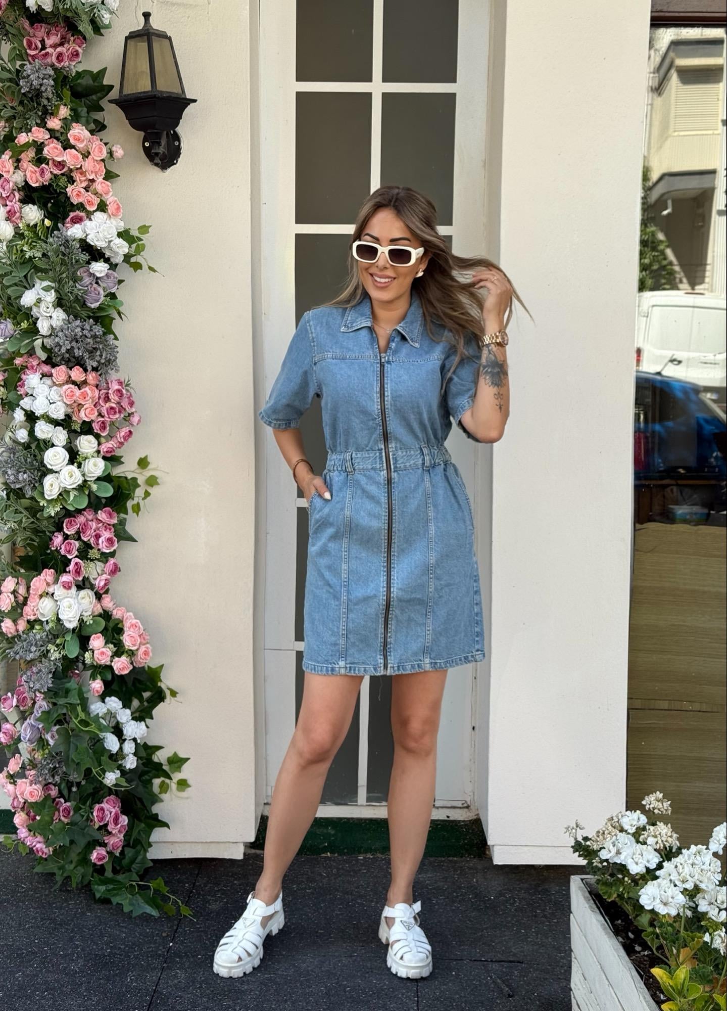 MODAYBUTİKTasarım Polo Yaka Mavi Denim Elbise 