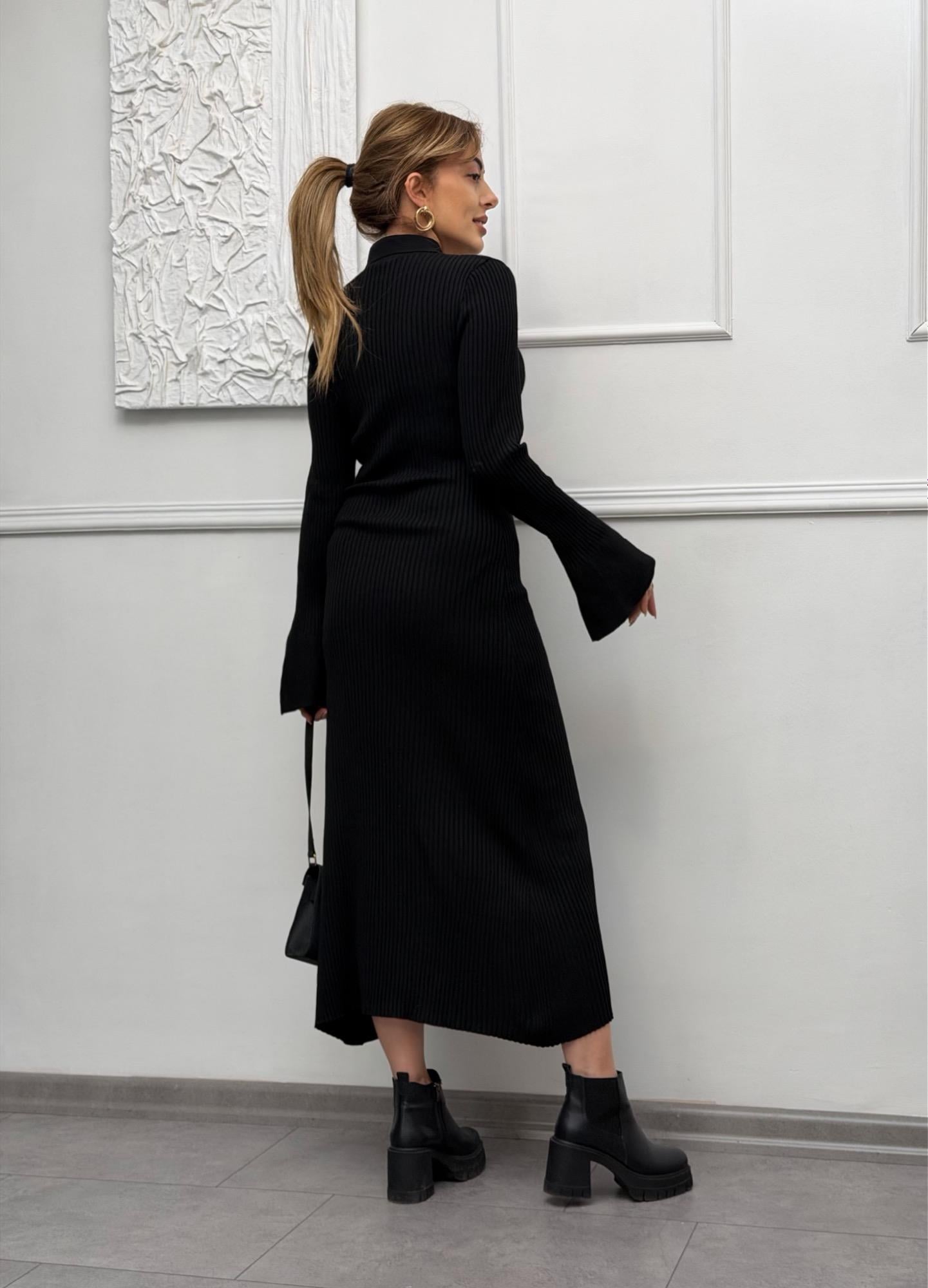 MODAYBUTİKTasarım Siyah Kolları Volanlı Triko Elbise 