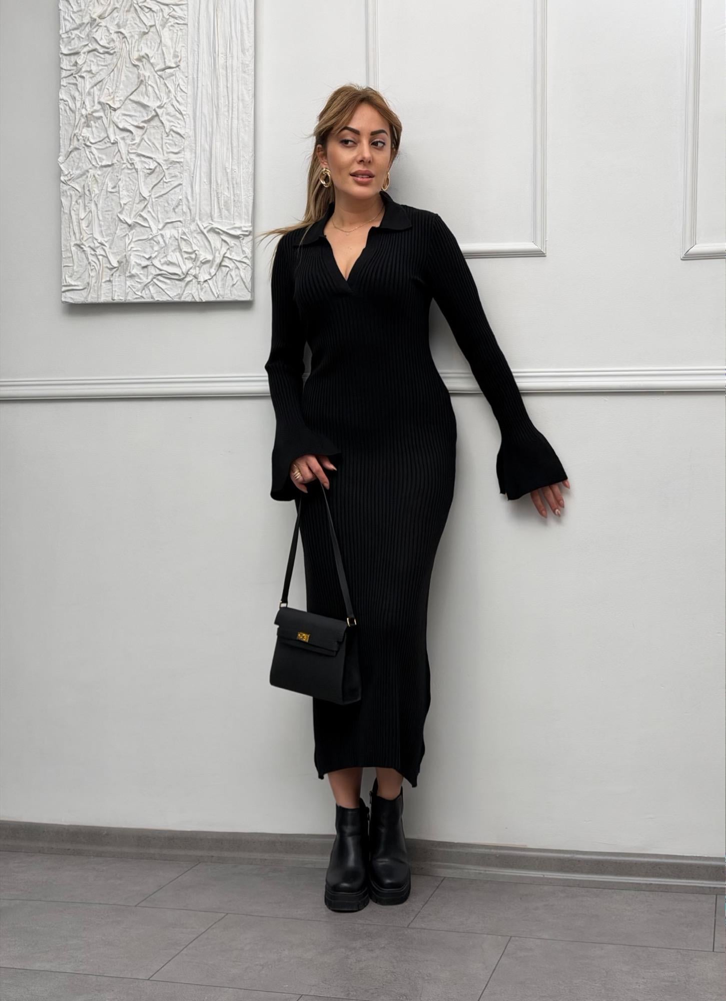 MODAYBUTİKTasarım Siyah Kolları Volanlı Triko Elbise 
