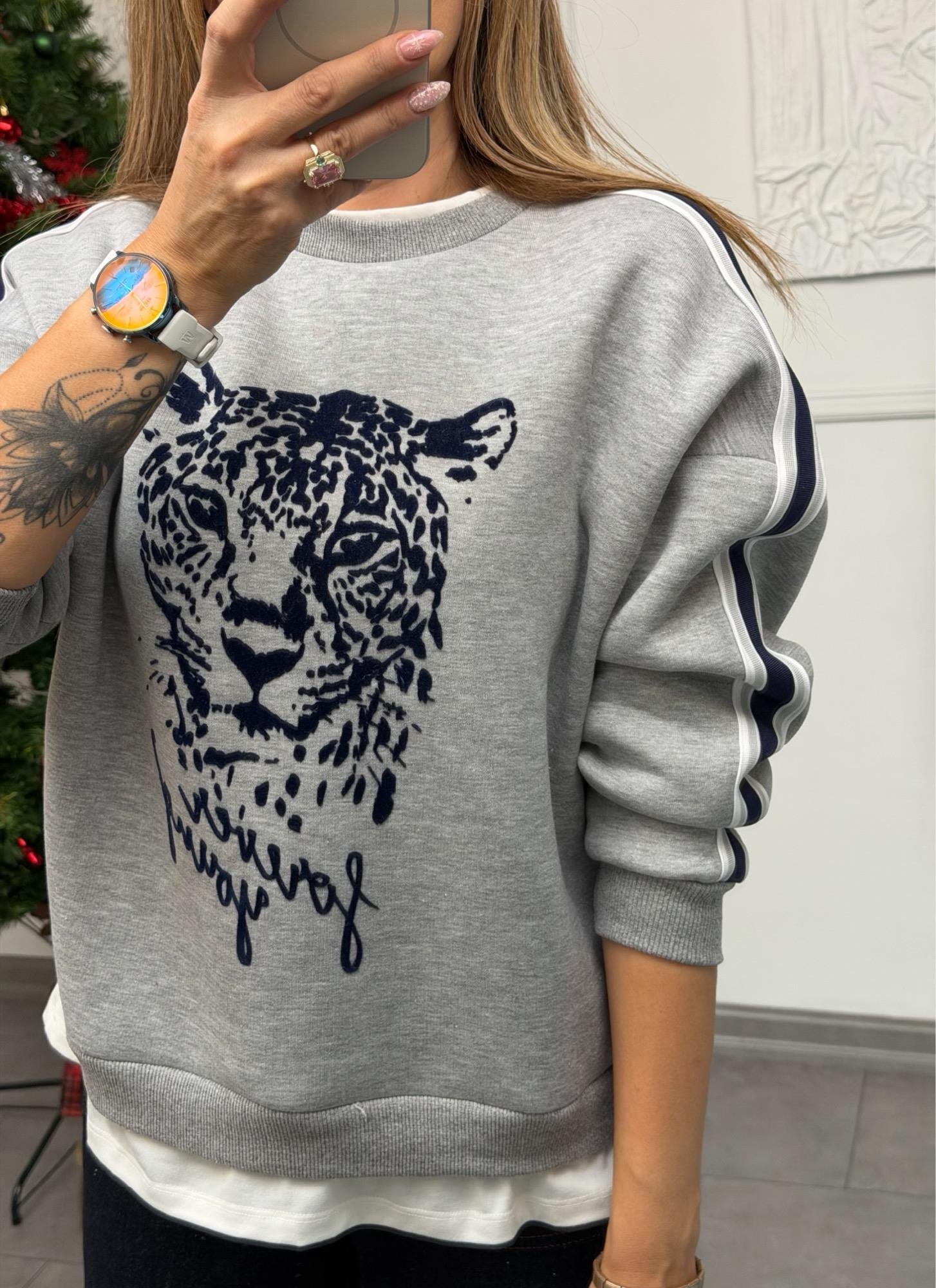 MODAYBUTİKTiger Mood Şerit Detaylı Gri Sweat