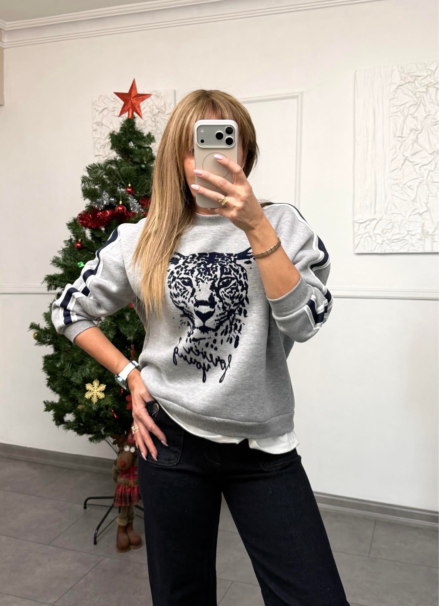 MODAYBUTİKTiger Mood Şerit Detaylı Gri Sweat