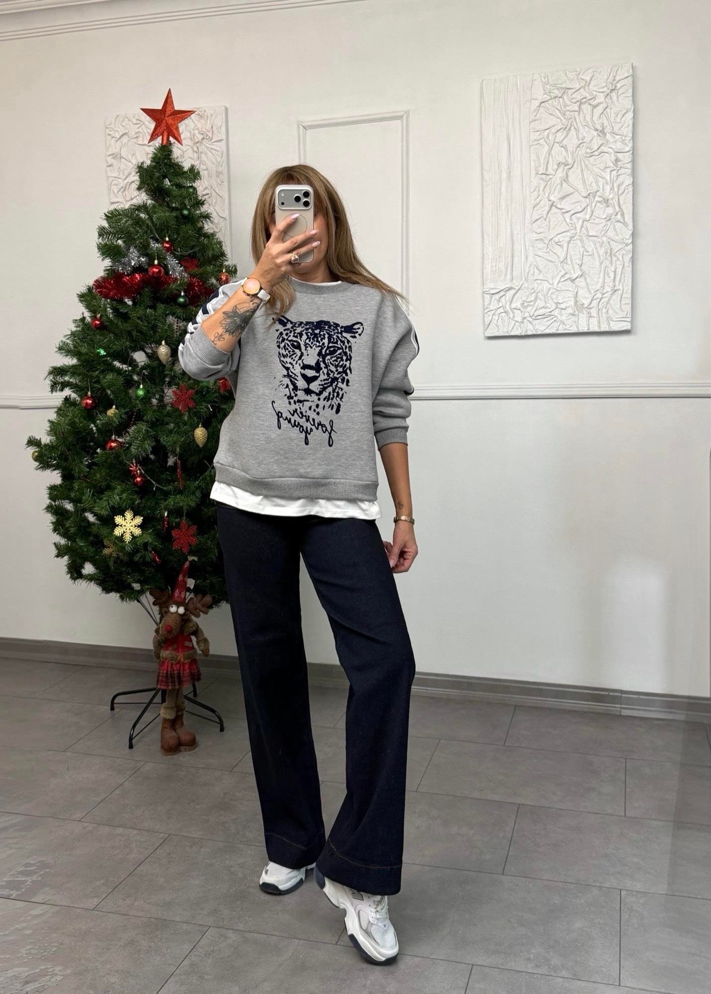 MODAYBUTİKTiger Mood Şerit Detaylı Gri Sweat