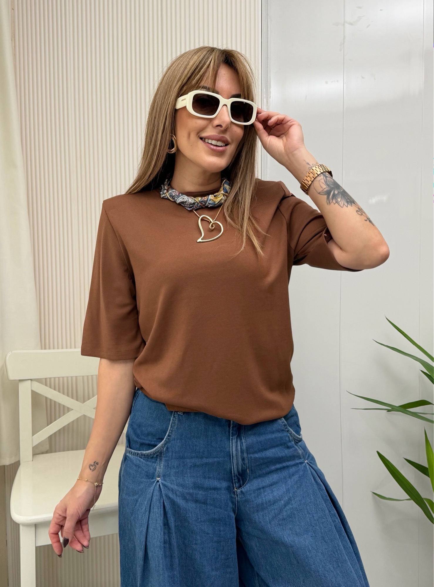 MODAYBUTİKVatkalı Bisiklet Yaka Kahve Basic Tshirt