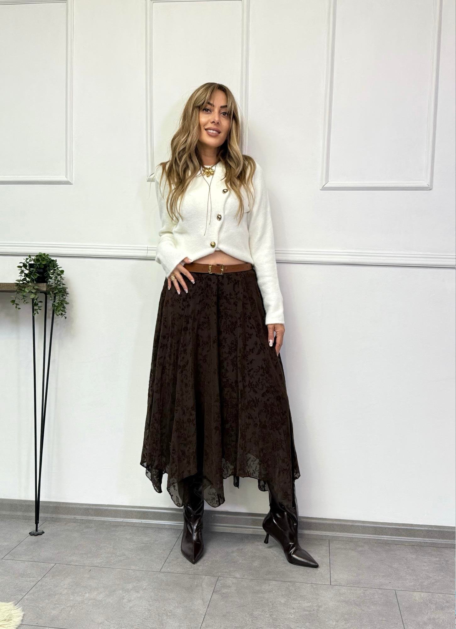 MODAYBUTİKVelvet Bloom Asimetrik Kahve Şifon Etek 