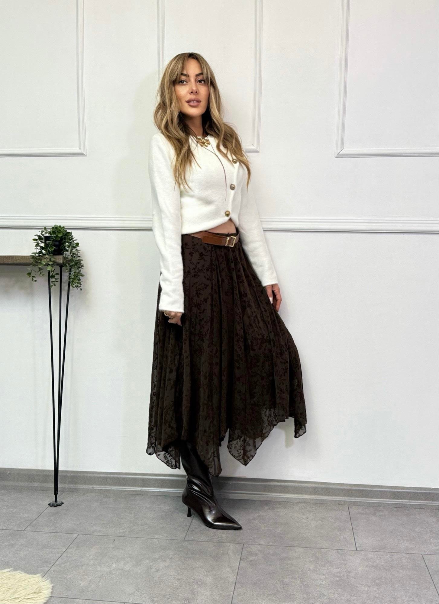 MODAYBUTİKVelvet Bloom Asimetrik Kahve Şifon Etek 