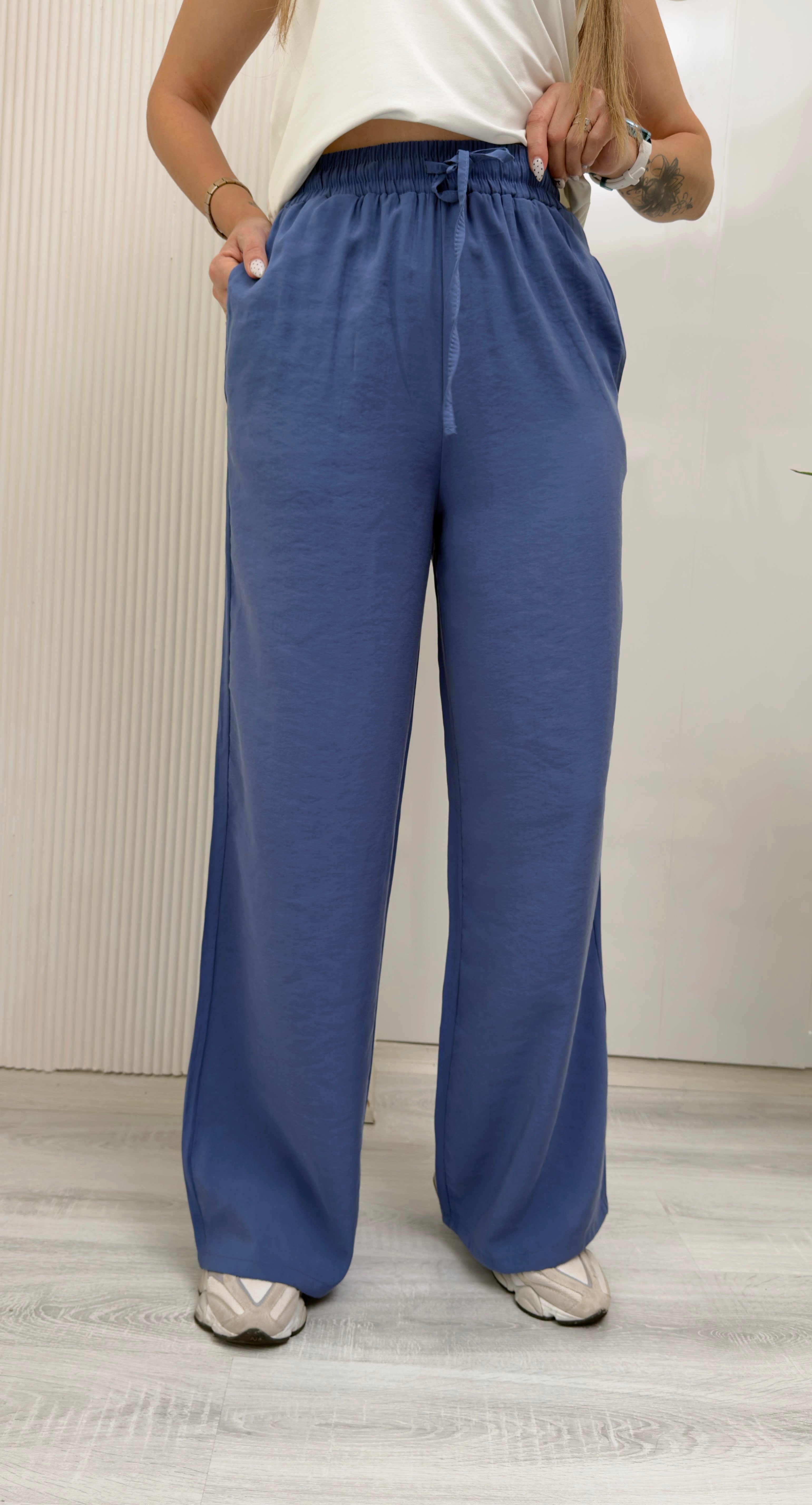 MODAYBUTİKWide Leg Beli Lastikli Tencel Mavi Pantolon