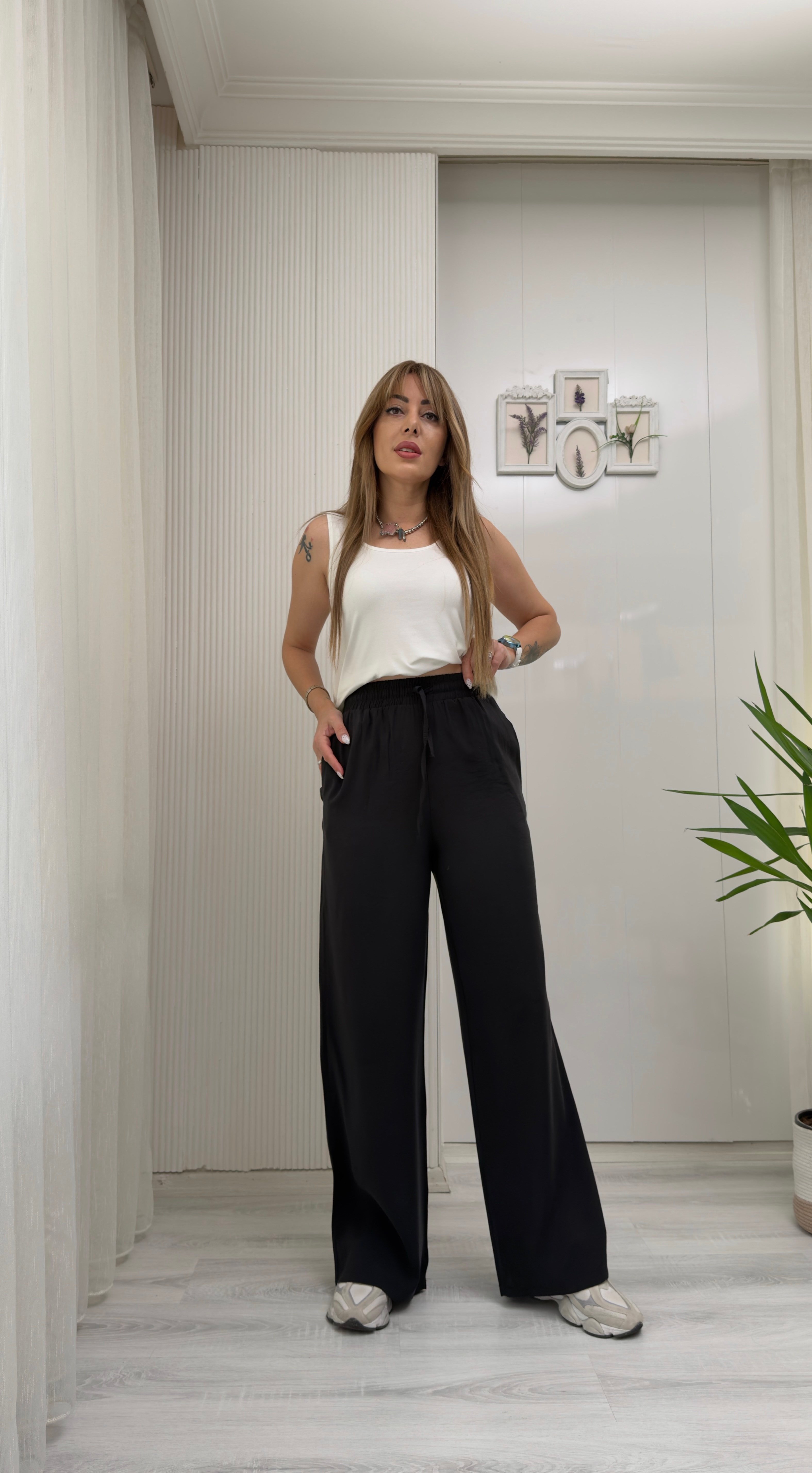 MODAYBUTİKWide Leg Beli Lastikli Tencel Siyah Pantolon 