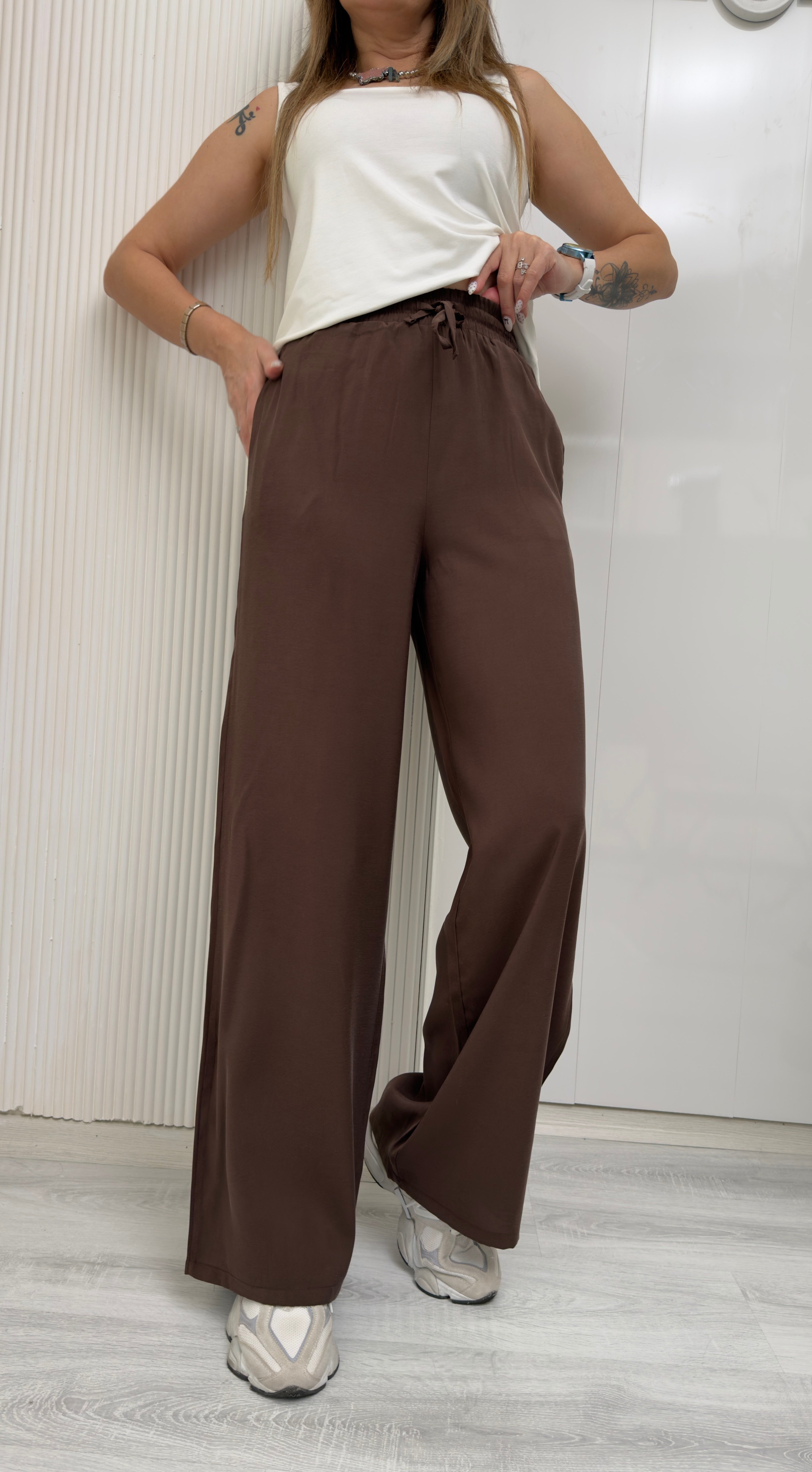 MODAYBUTİKWide Leg Beli Lastikli Tencel Acı Kahve Pantolon 