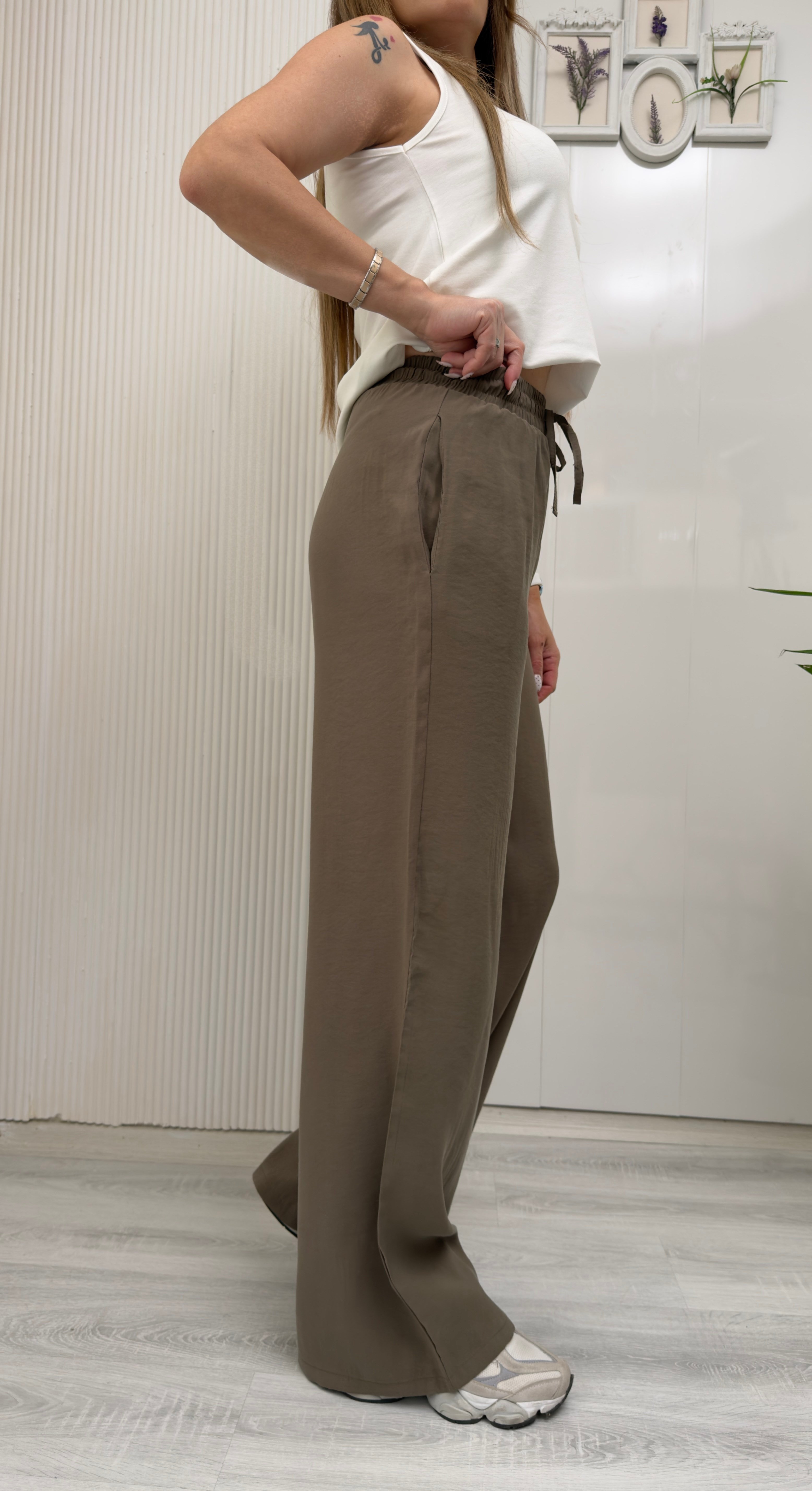MODAYBUTİKWide Leg Beli Lastikli Tencel Yeşil Pantolon 