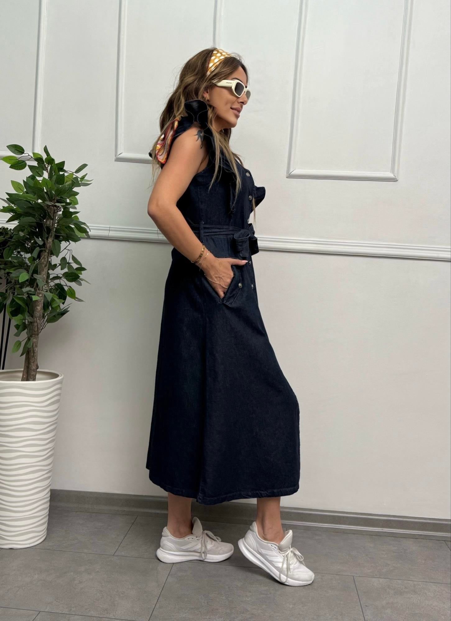Omuzları Fırfır Detaylı Lacivert Denim Gömlek ElbiseYeni Gelenler ModayOmuzları Fırfır Detaylı Lacivert Denim Gömlek Elbise