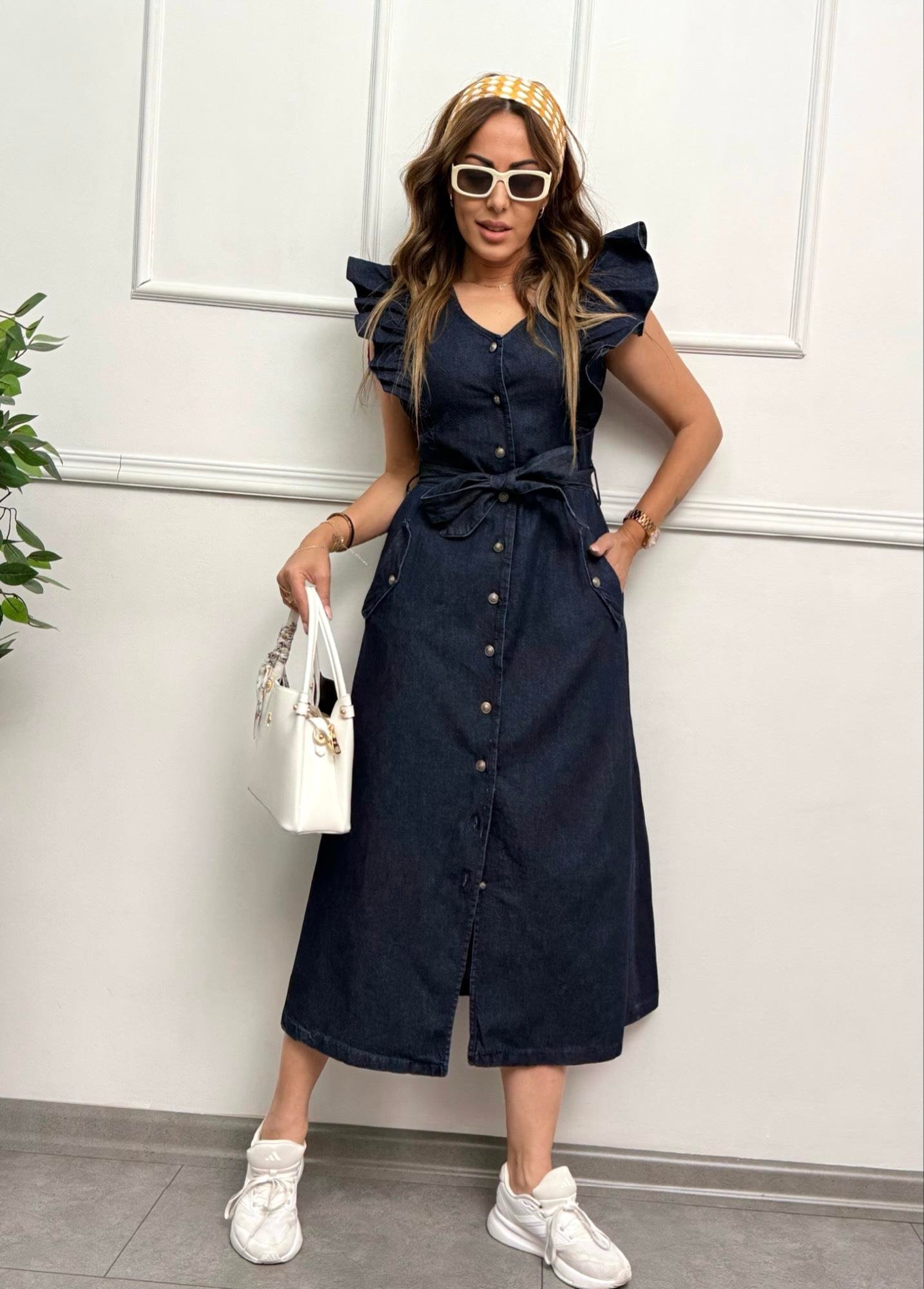 Omuzları Fırfır Detaylı Lacivert Denim Gömlek ElbiseYeni Gelenler ModayOmuzları Fırfır Detaylı Lacivert Denim Gömlek Elbise