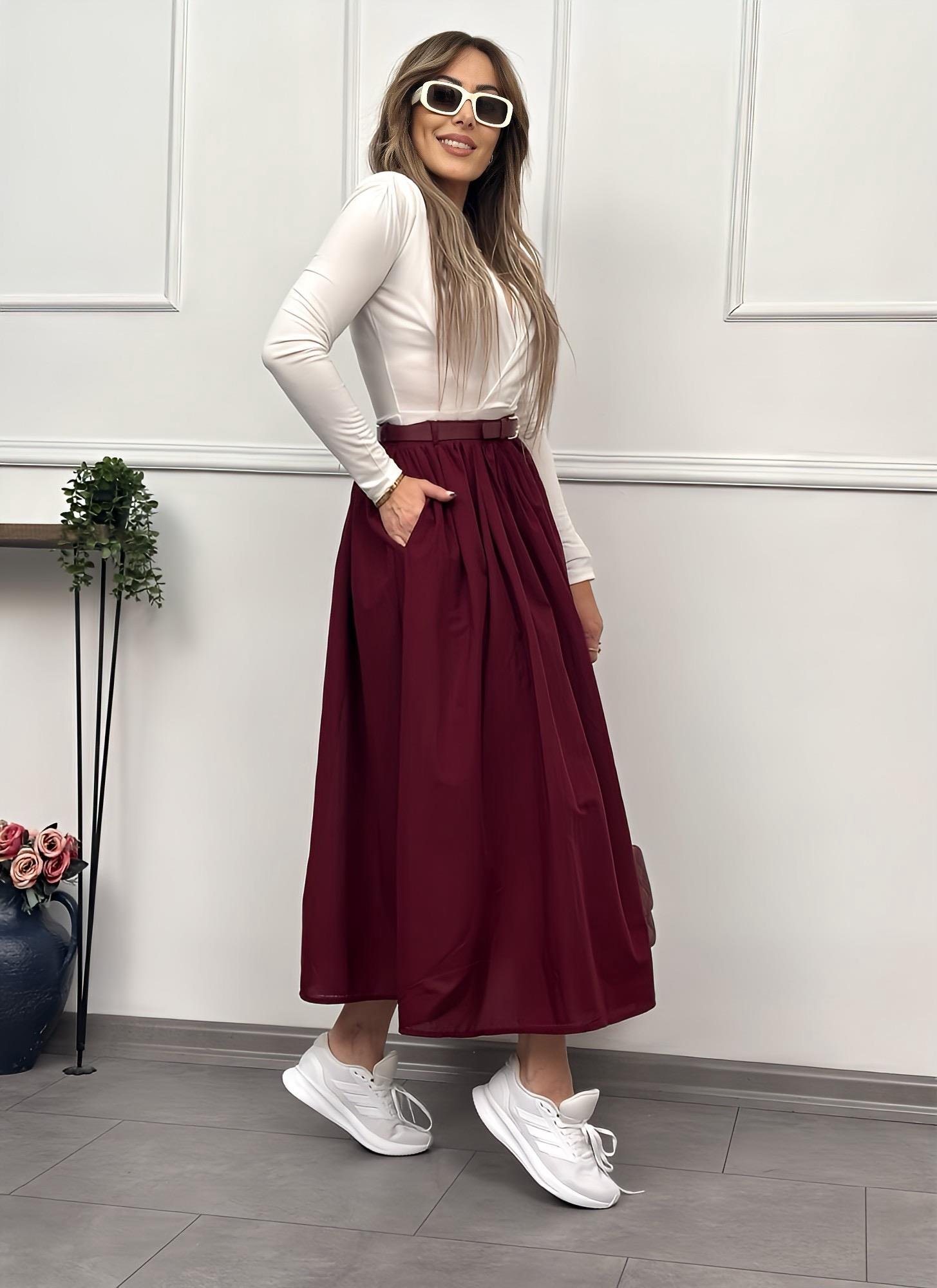 Preium Kemerli Vual Kiloş Bordo EtekYeni Gelenler ModayPreium Kemerli Vual Kiloş Bordo Etek