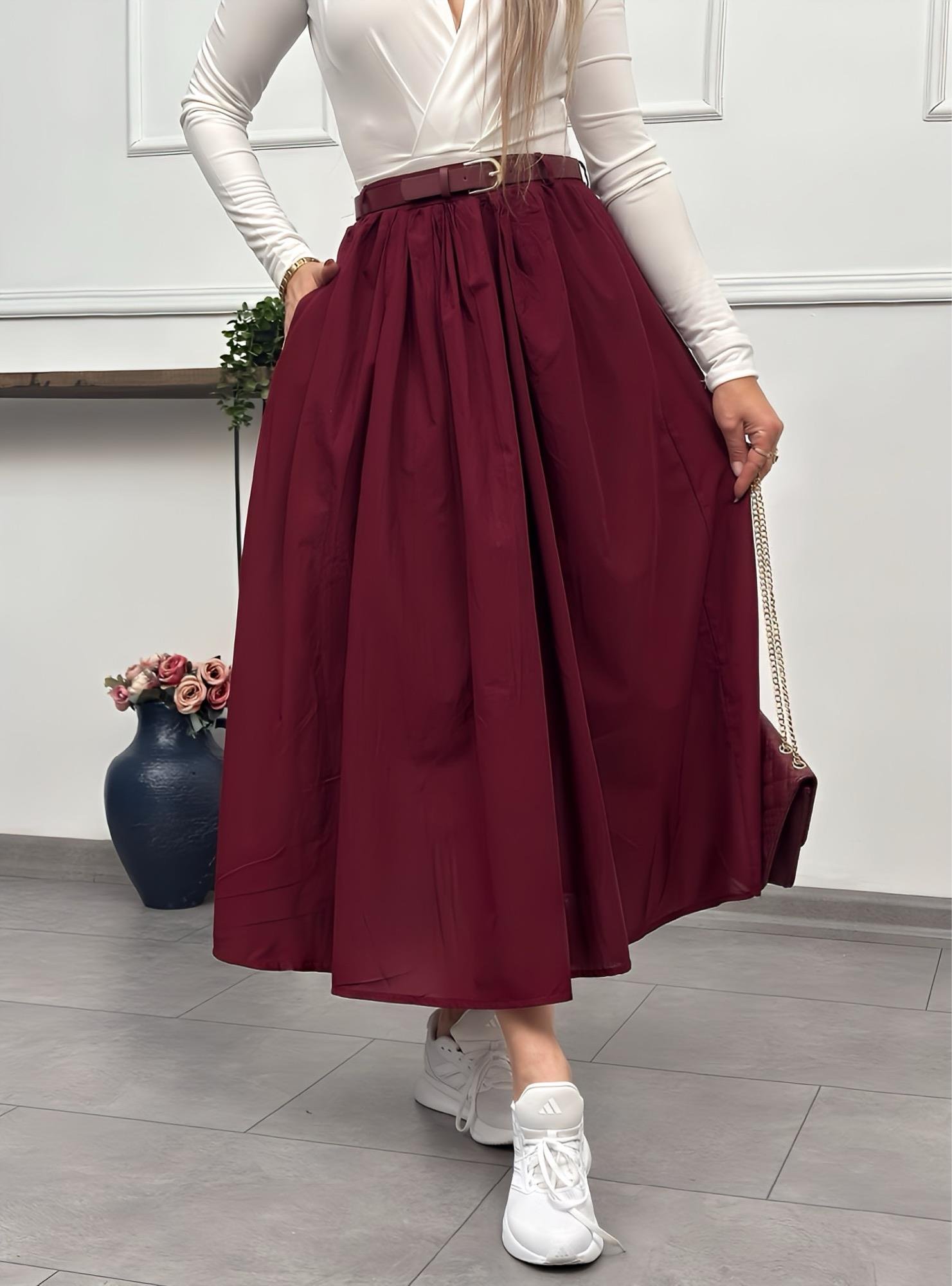 Preium Kemerli Vual Kiloş Bordo EtekYeni Gelenler ModayPreium Kemerli Vual Kiloş Bordo Etek
