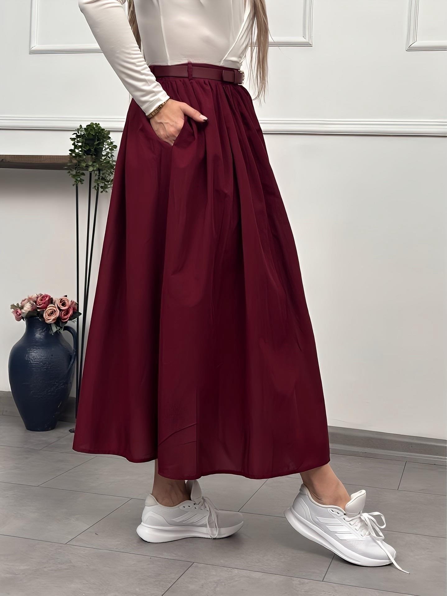 Preium Kemerli Vual Kiloş Bordo EtekYeni Gelenler ModayPreium Kemerli Vual Kiloş Bordo Etek