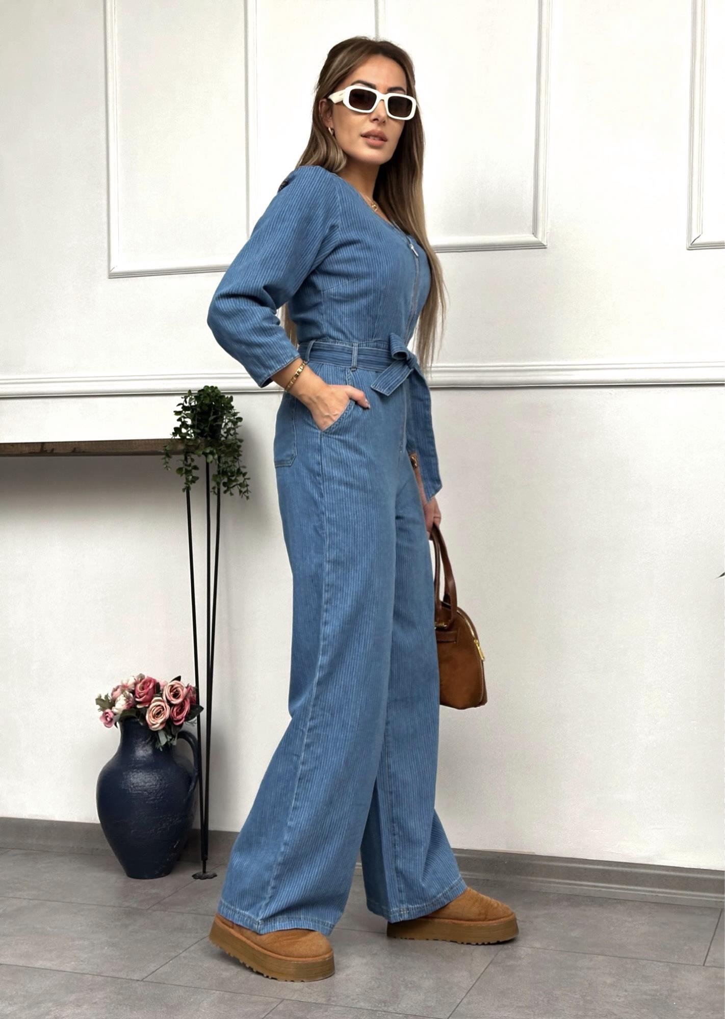 Premium Kuşaklı Mavi Denim TulumYeni Gelenler ModayPremium Kuşaklı Mavi Denim Tulum