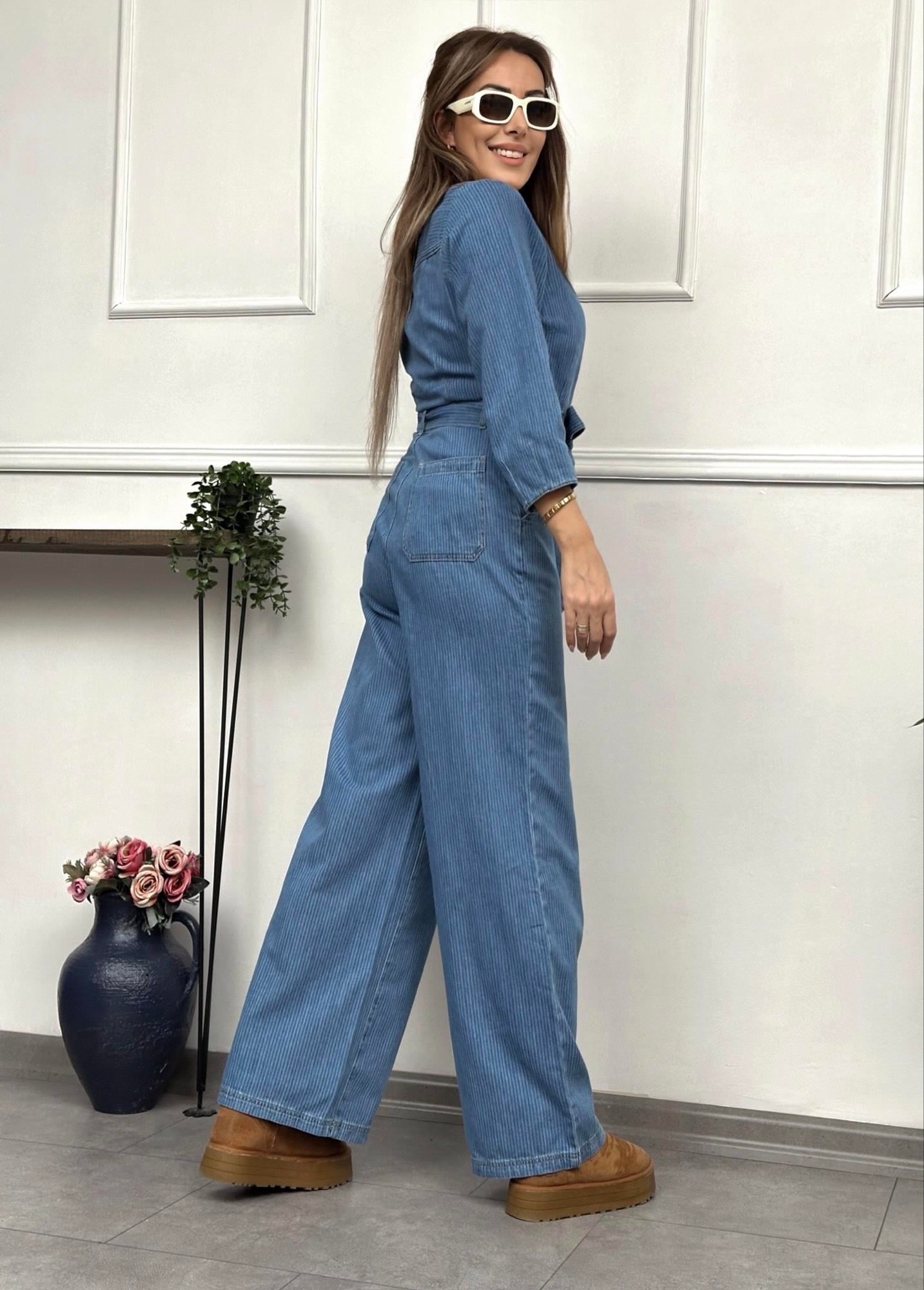 Premium Kuşaklı Mavi Denim TulumYeni Gelenler ModayPremium Kuşaklı Mavi Denim Tulum