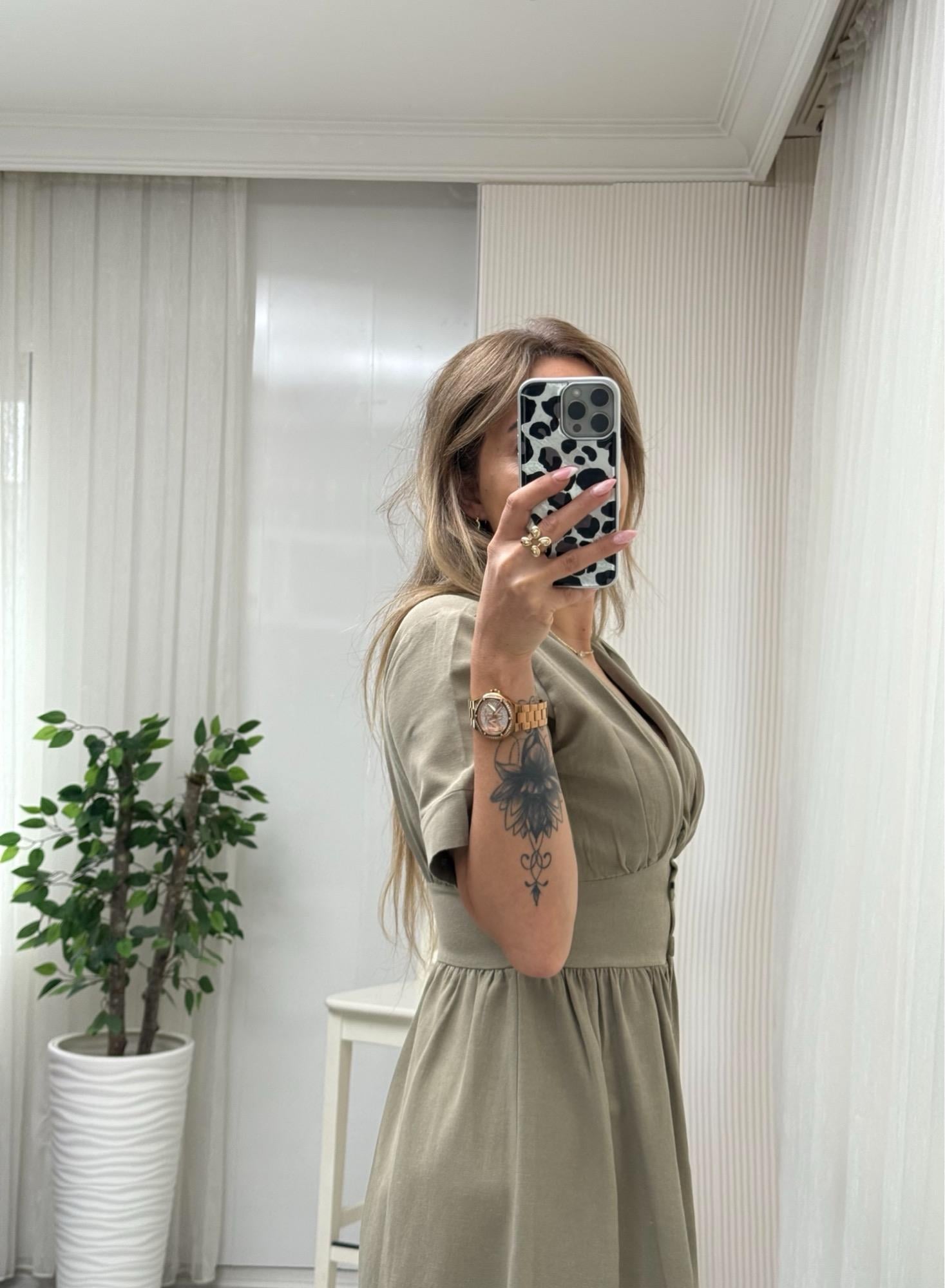 V Yaka Haki Keten Gömlek ElbiseYeni Gelenler ModayV Yaka Haki Keten Gömlek Elbise
