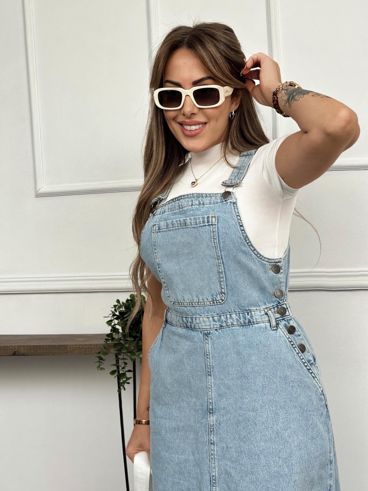 Yandan Düğmeli Salopet Denim ElbiseYeni Gelenler ModayYandan Düğmeli Salopet Denim Elbise