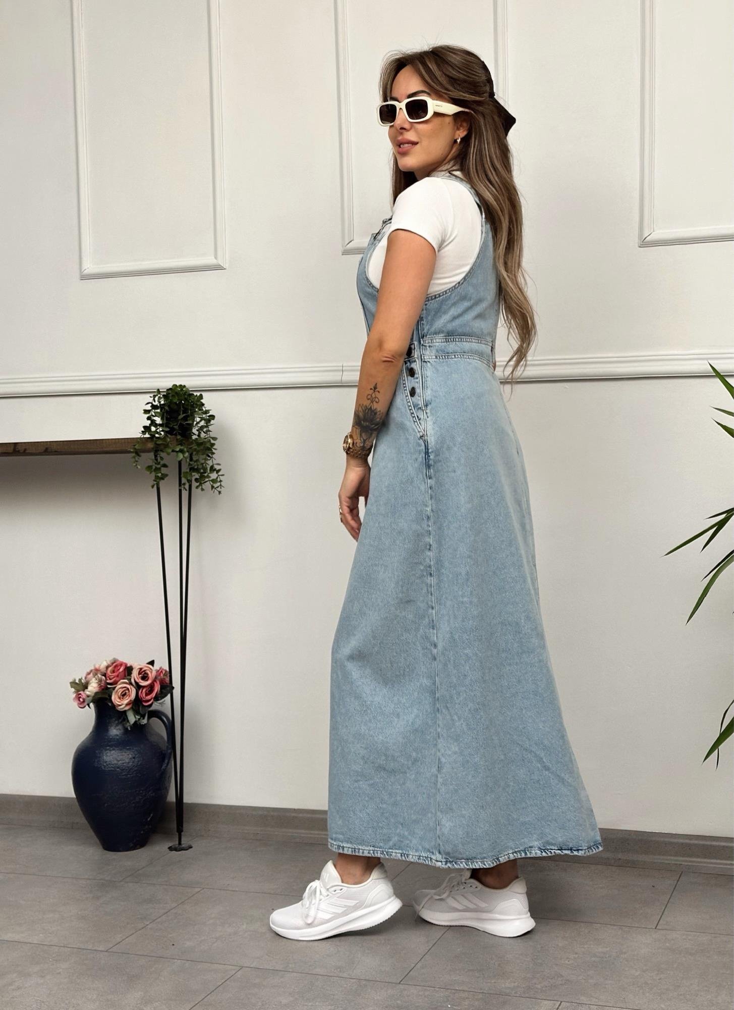 Yandan Düğmeli Salopet Denim ElbiseYeni Gelenler ModayYandan Düğmeli Salopet Denim Elbise
