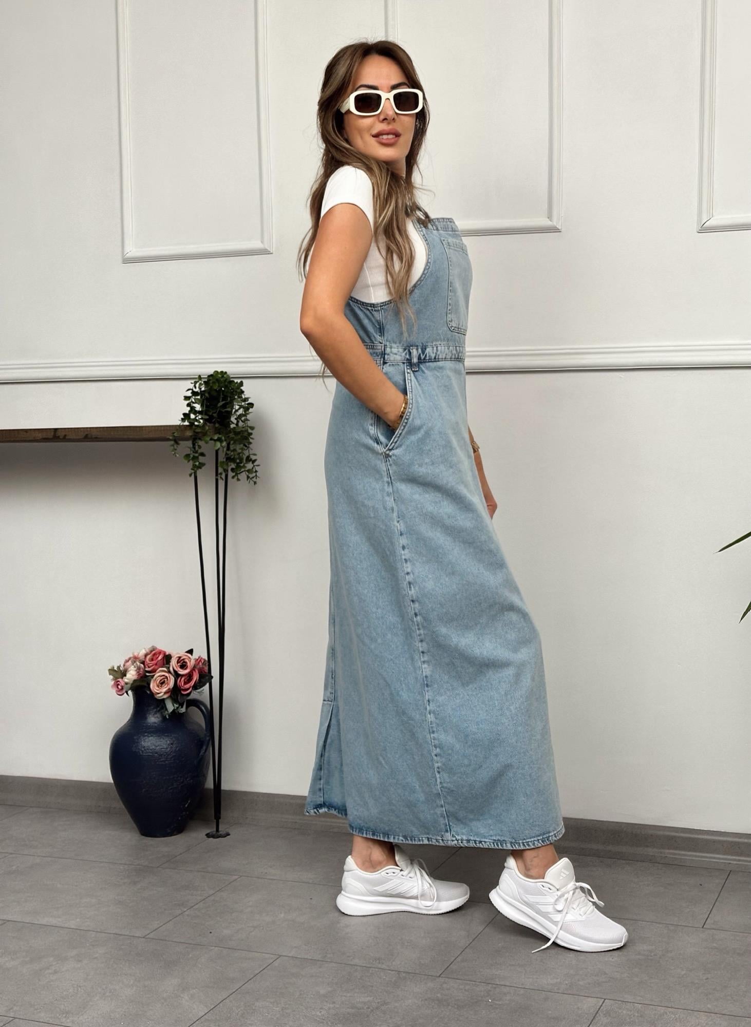 Yandan Düğmeli Salopet Denim ElbiseYeni Gelenler ModayYandan Düğmeli Salopet Denim Elbise