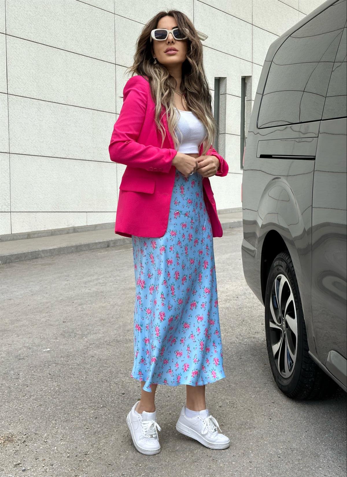 Yeni Geleneler ModayPembe Çiçekli Saten Etek