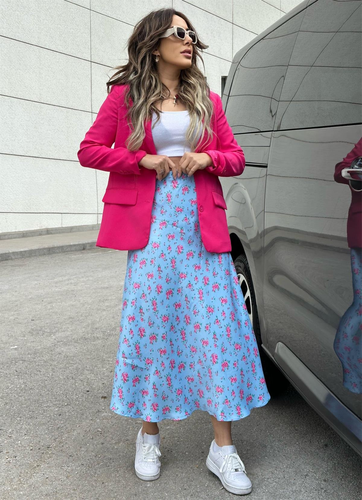 Yeni Geleneler ModayPembe Çiçekli Saten Etek