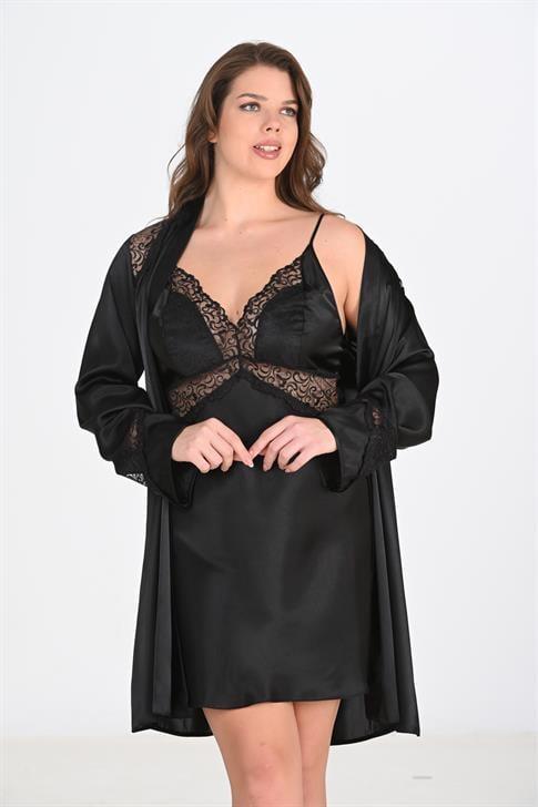 Ahu 2li Siyah Sabahlık Takımı Bigsize 6201