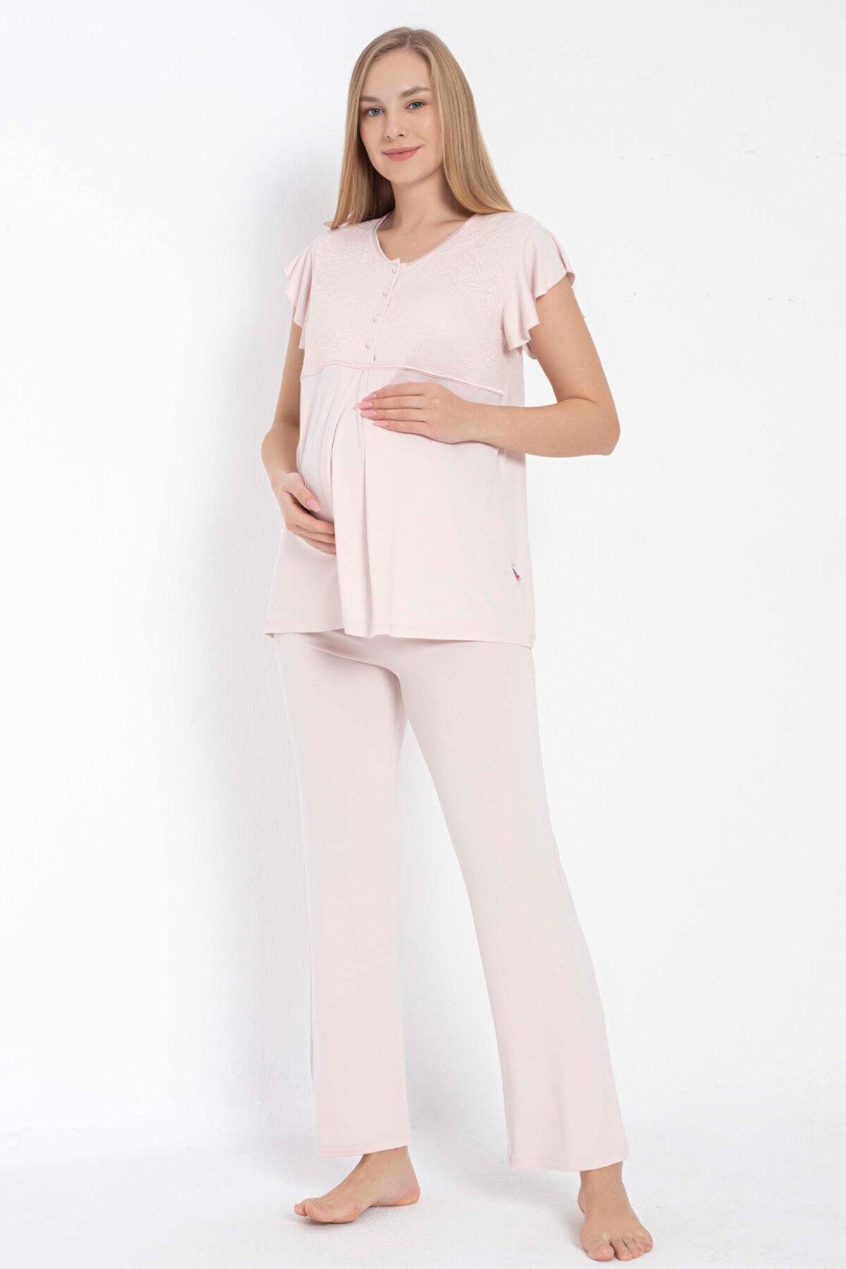 Anıl 11314 Kısa Kol Bisiklet Yaka Kadın Viskon Dantel Detaylı Hamile Pijama Takımı Sabahlık