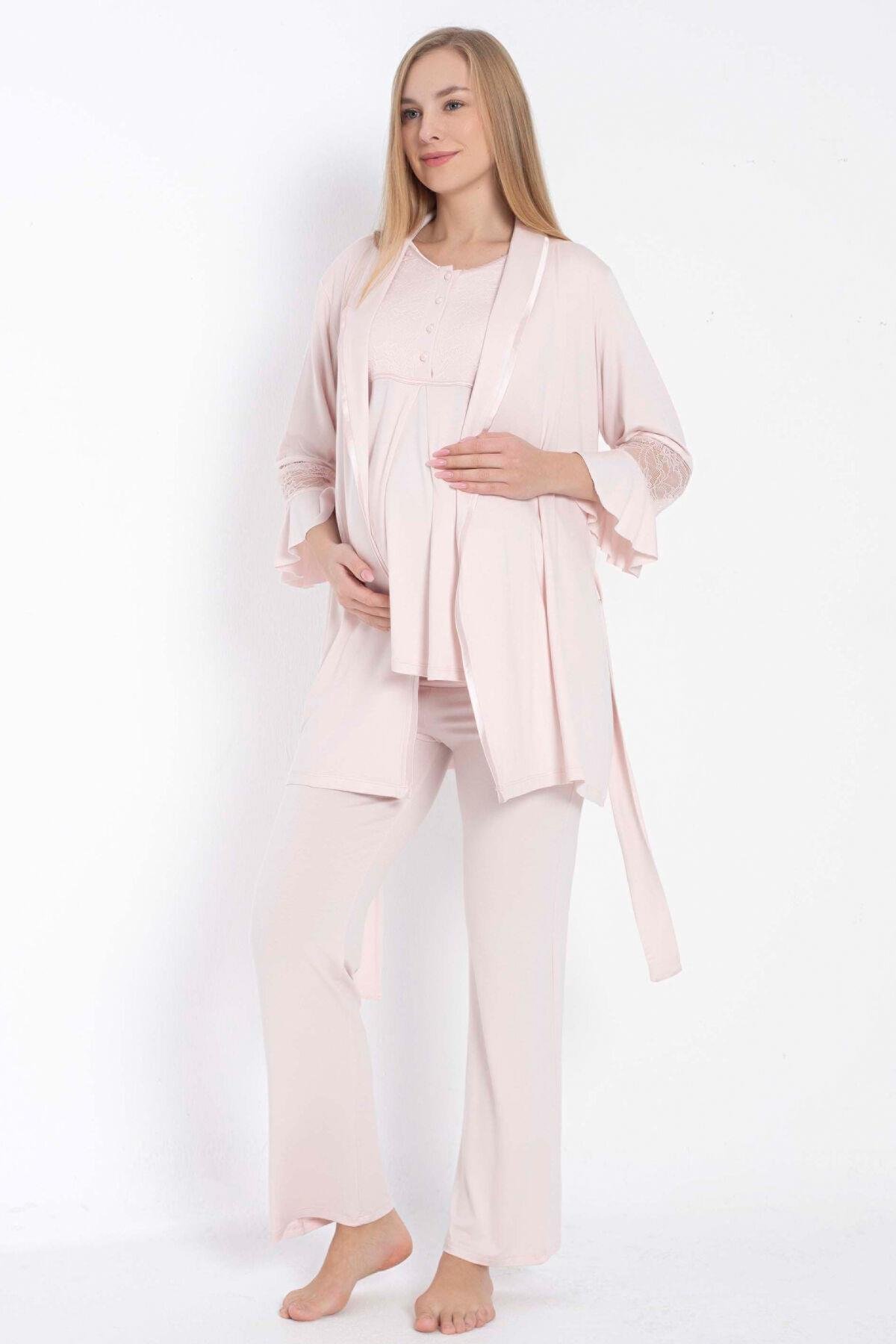 Anıl 11314 Kısa Kol Bisiklet Yaka Kadın Viskon Dantel Detaylı Hamile Pijama Takımı Sabahlık