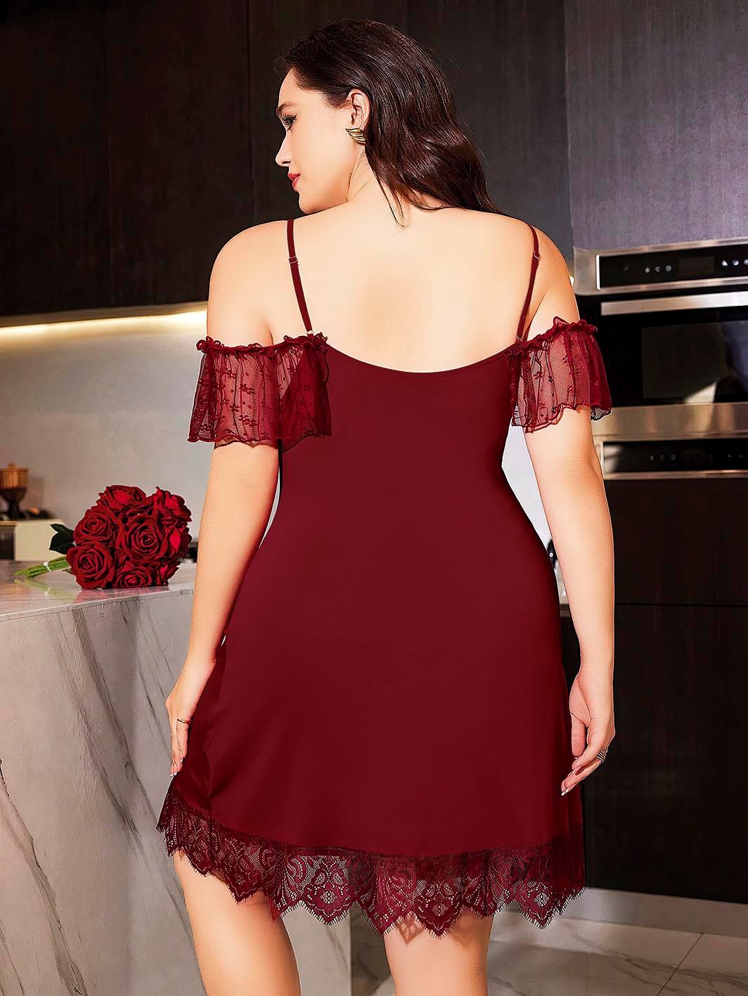 Aria's Closet Büyük Beden Bordo Dantel İşlemeli İnce Askılı Gecelik