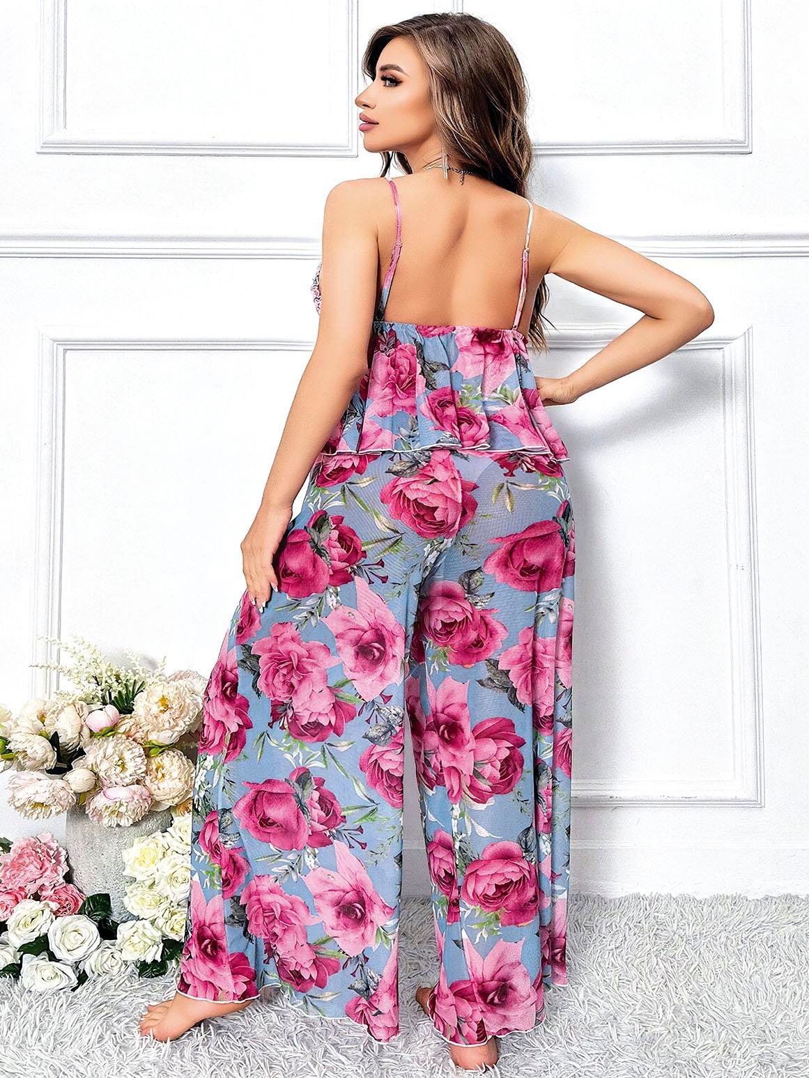 Arias Closet Özel Tasarım Büyük Beden Kırmızı Çiçek Desenli Bol Kesim 2'li Pijama Takımı