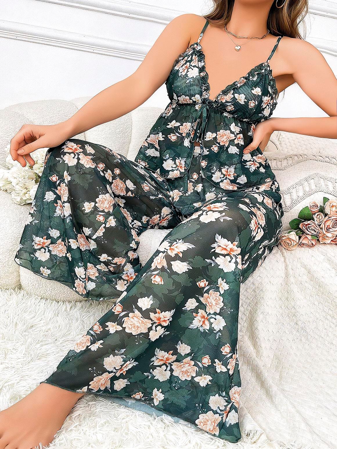 Arias Closet Özel Tasarım Büyük Beden Çiçek Desenli Bol Kesim 2'li Pijama Takımı