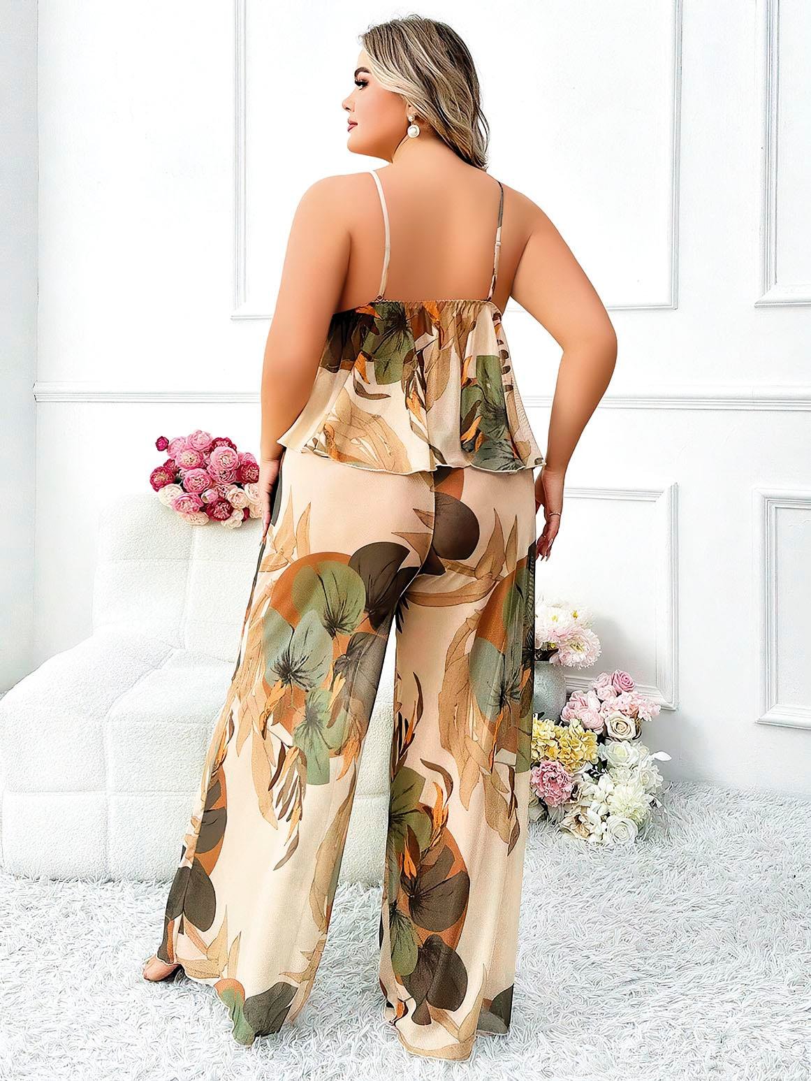 Arias Closet Özel Tasarım Büyük Beden Çiçek Desenli İnce Askılı 2'li Pijama Takımı