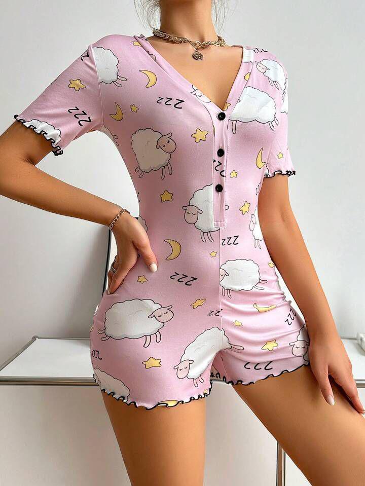 Arias Closet Pamuklu Pembe Kuzu Desenli Düğmeli Uzun Kol Tulum Pijama