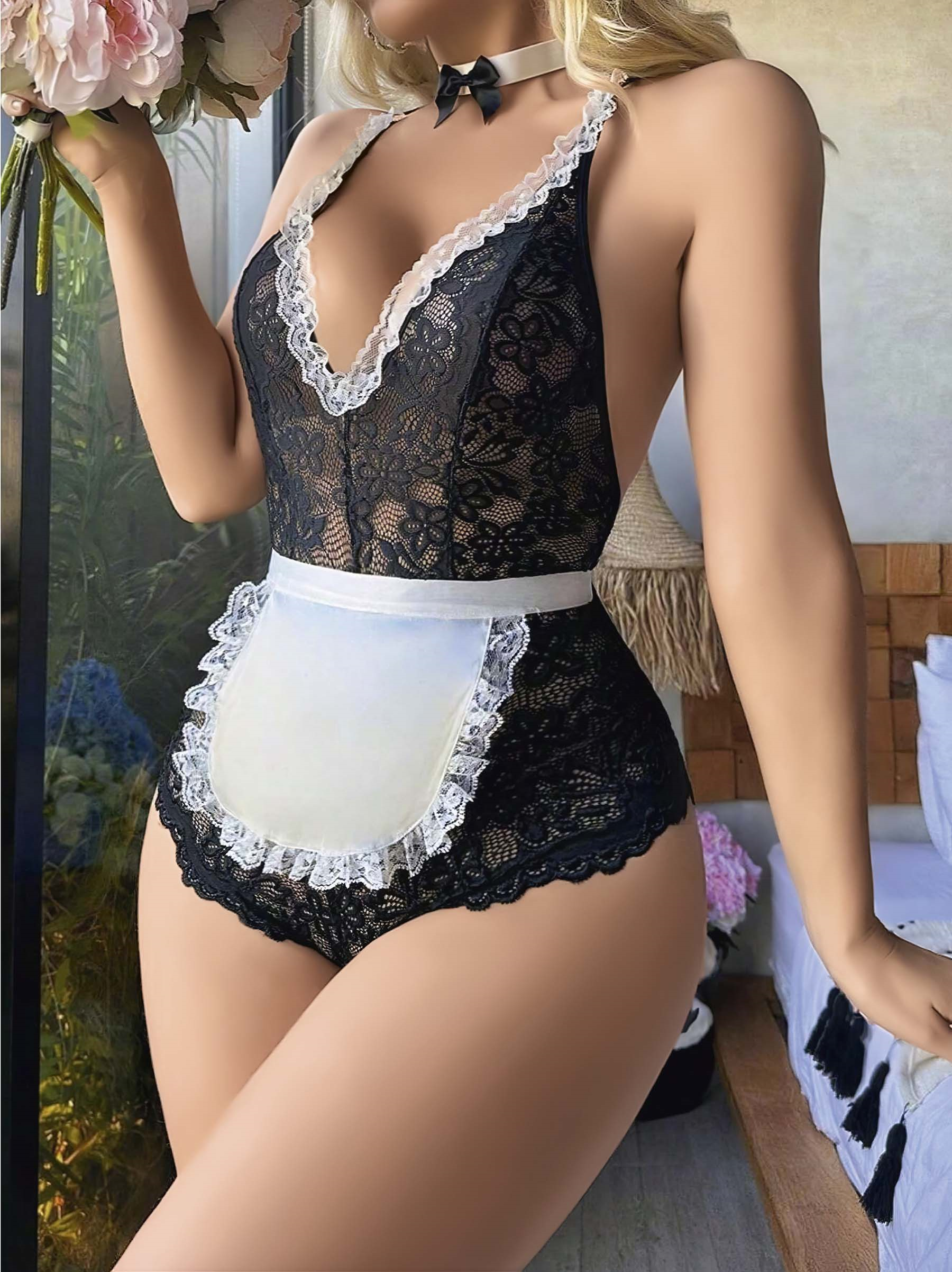 Arias Closet Siyah Dantel İşlemeli Kurdelalı Fransız Hizmetçi Kostümü