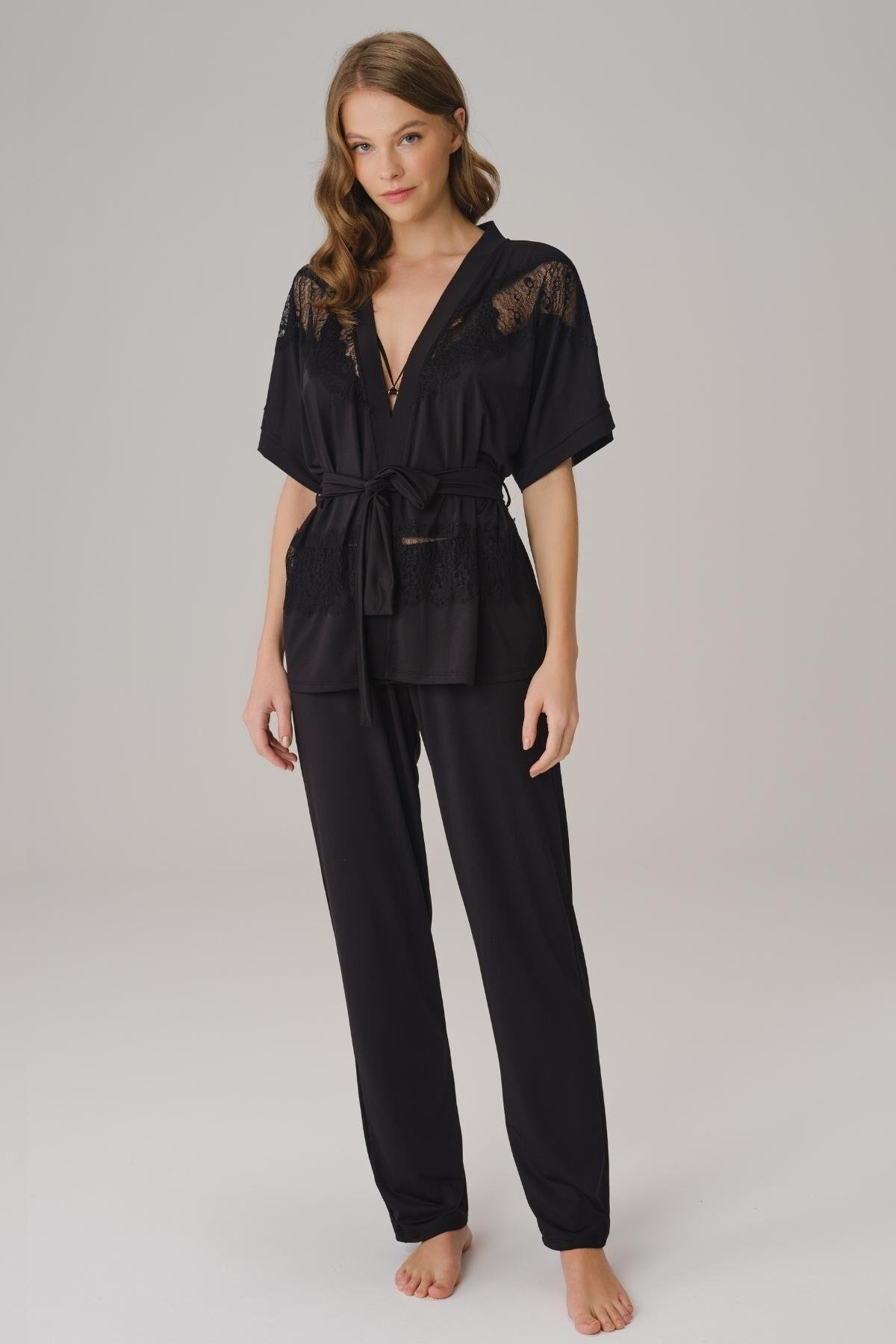 İp Askılı V Yaka Kadın Düz Yazlık Uzun Dantel Detaylı Pijama Takımı Sabahlık Anıl 5779