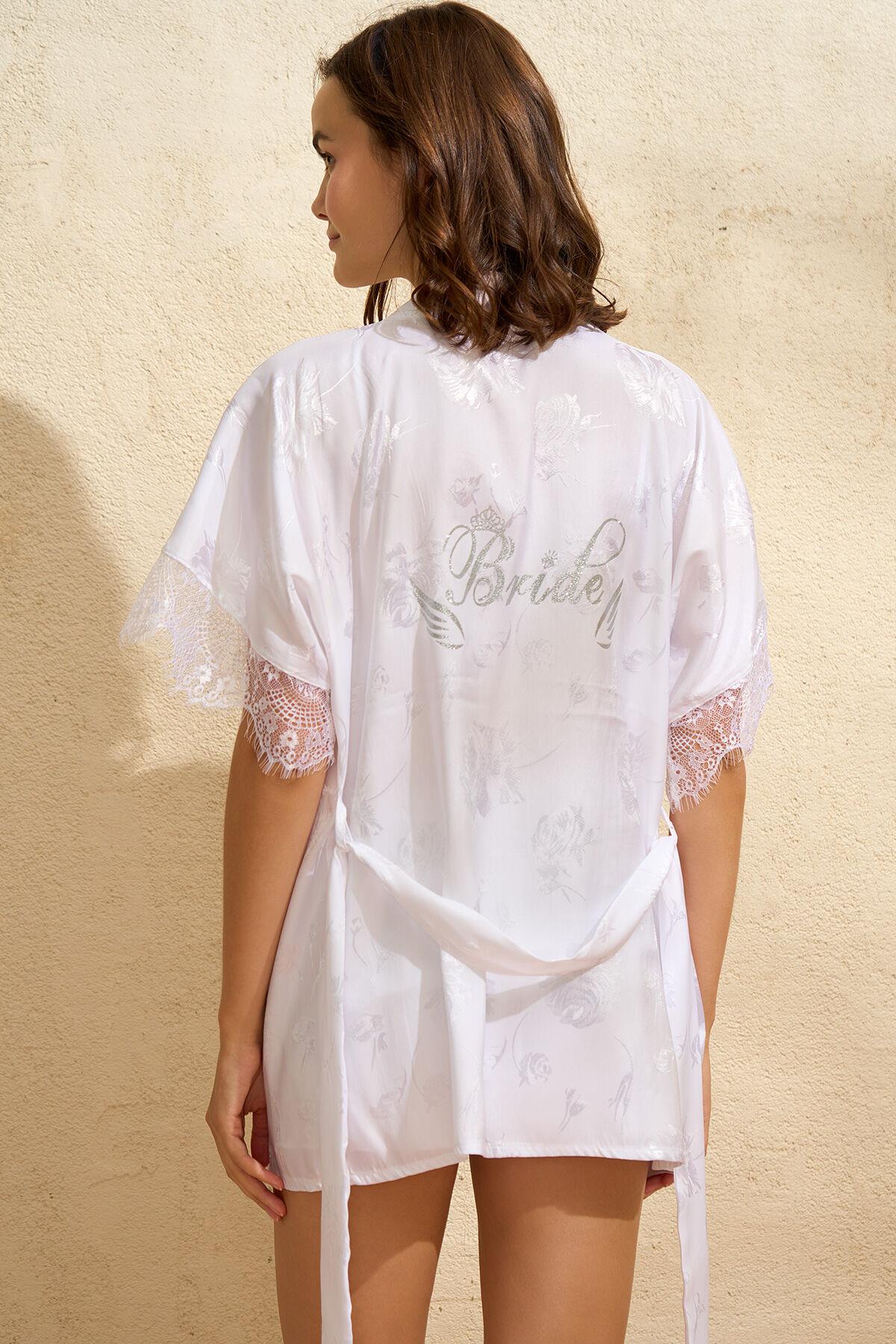 Kadın Saten Bride Baskılı Dantelli Sabahlık Balensiz Desteksiz Dolgusuz Bralet Sütyen ve Şort 3'lü Takım (4777)