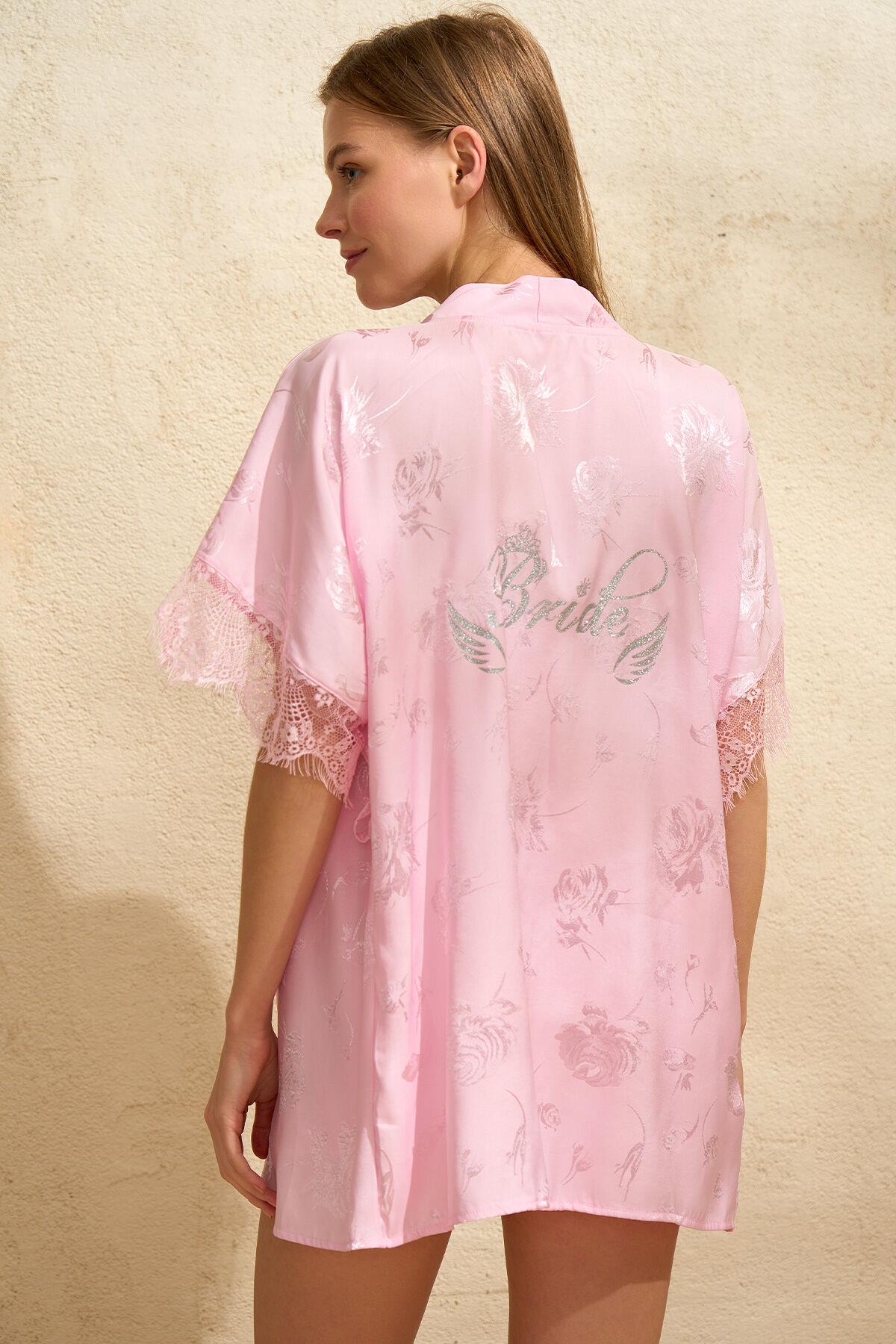 Kadın Saten Bride Baskılı Dantelli Sabahlık Balensiz Desteksiz Dolgusuz Bralet Sütyen ve Şort 3'lü Takım (4777)