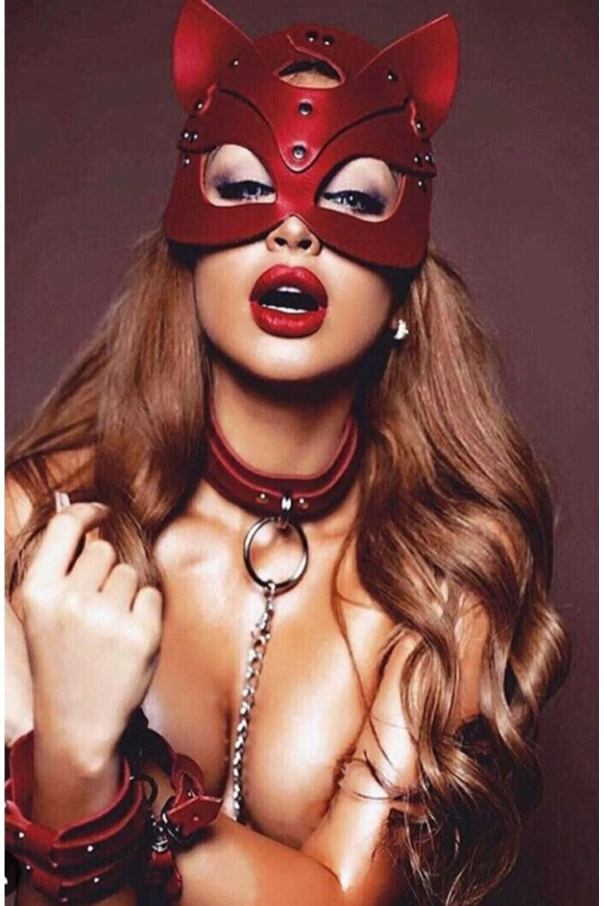 Kırmızı Maske Tasma Ve Bacak Kelepce  Kople Sexi Set 700548
