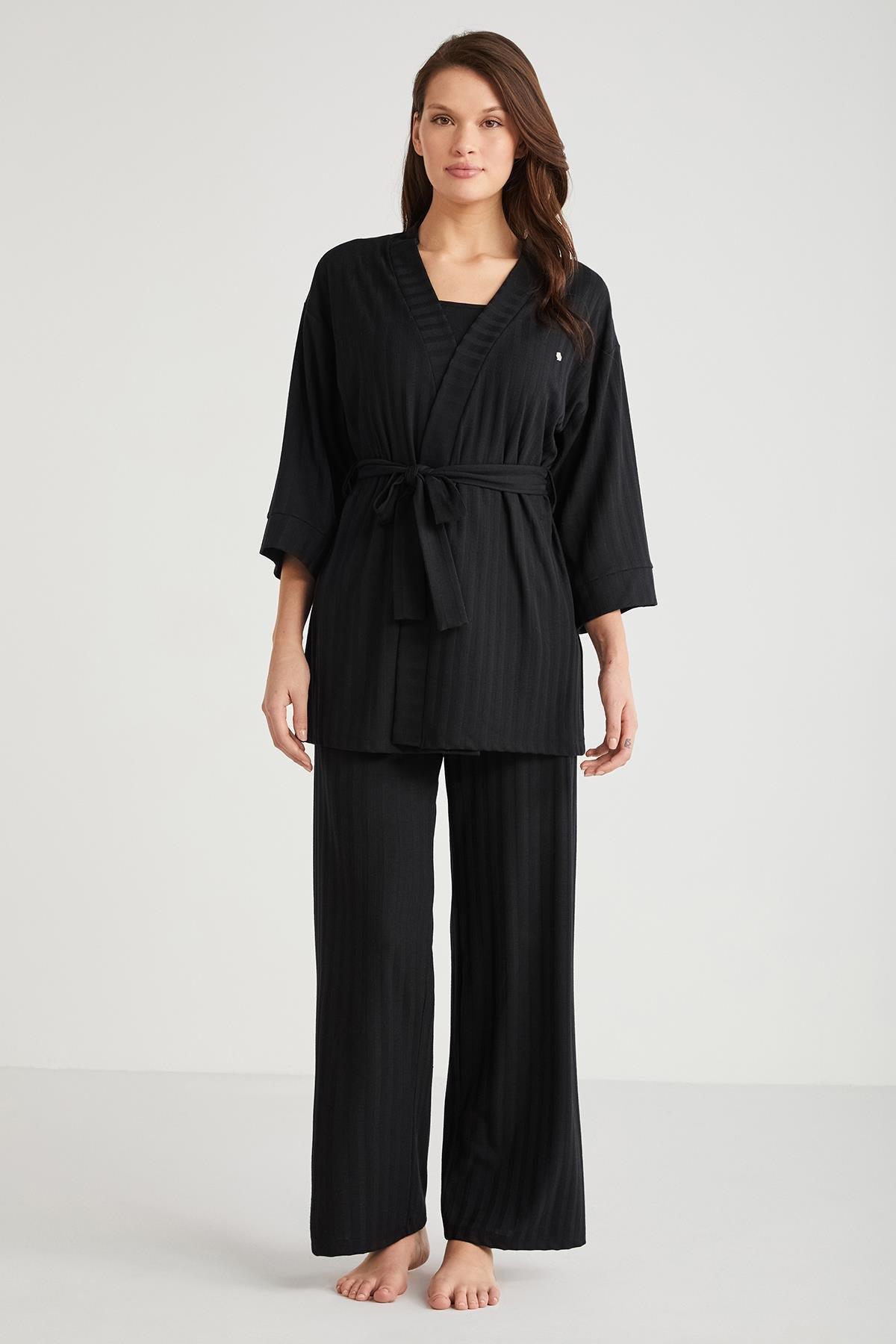 Penye Mood 3'lü Kısa Kol Sabahlık Pijama Takımı