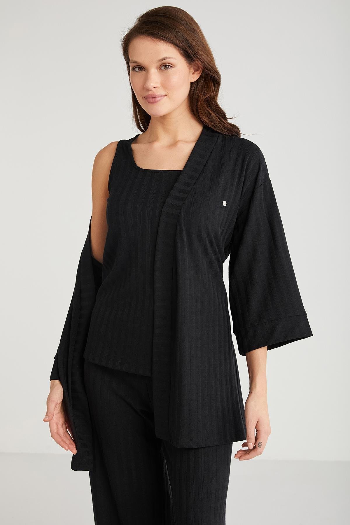 Penye Mood 3'lü Kısa Kol Sabahlık Pijama Takımı