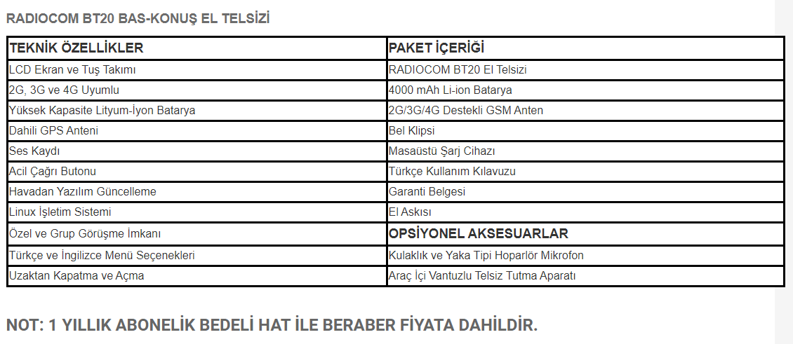 Radiocom BT20 Bas-Konuş Data hatlı Lisanssız telsiz