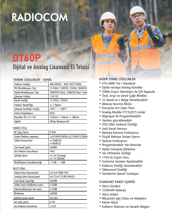 Radiocom DT-60P Analog/Sayısal PMR El Telsizi (Lisanssız-Tek satılır)