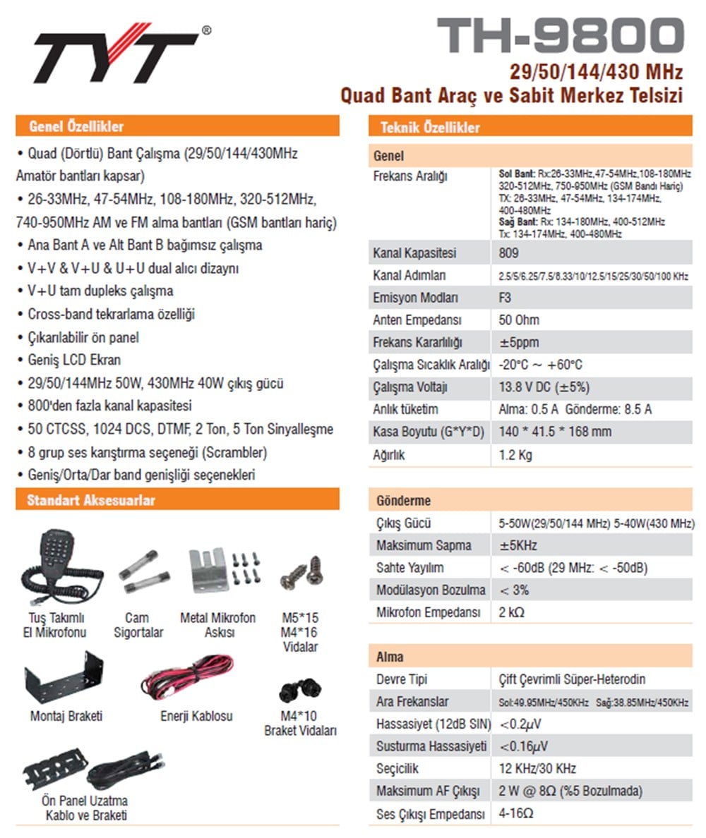 TYT TH-9800 Quad Band Telsiz 29/50/144/430MHz (İzne tabi(